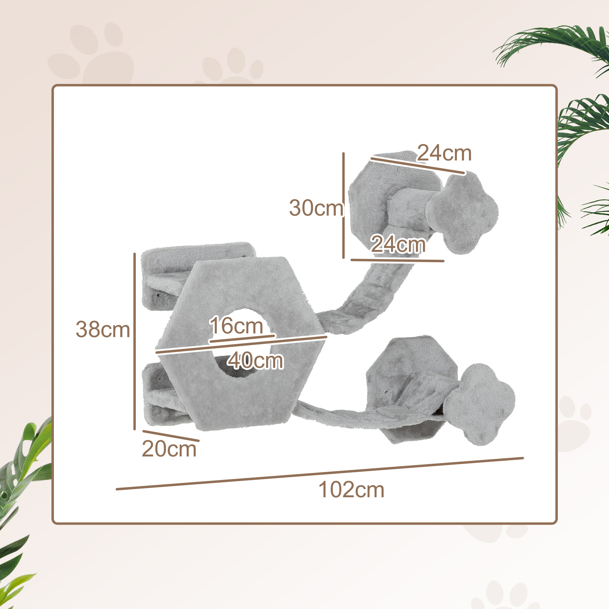 Katzen Kletterwand, inkl, Katzenhaus, Leitern, Spielball, platzsparend, Hellgrau