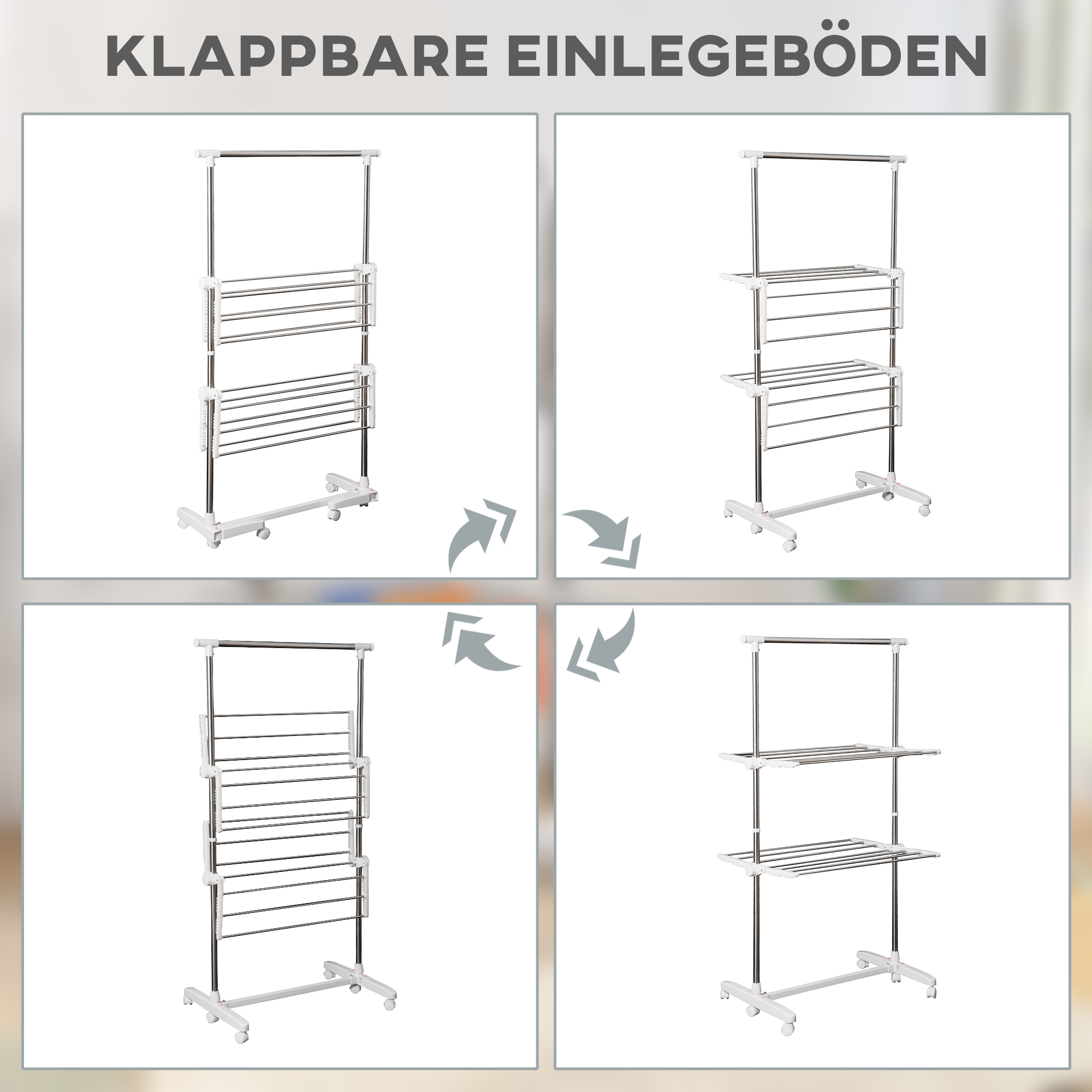 Turmwäscheständer ausziehbar Standtrockner mit 3 Ebenen, klappbare Flügel, Rollen, Wäschetrockner für Innen und Außen, Weiß, 83-136,5 x 45,5 x 154 cm