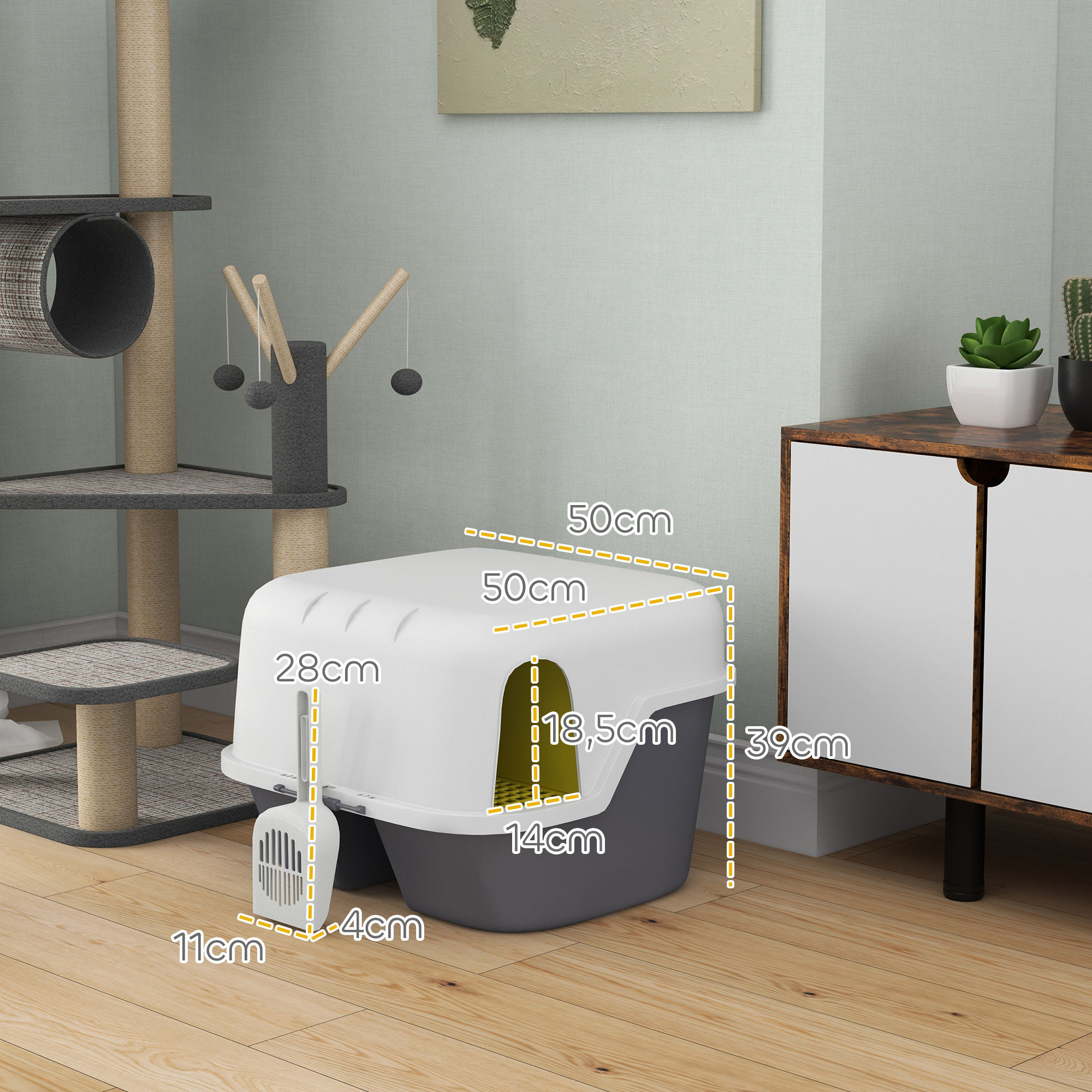 Katzentoilette, Katzenklo mit Deckel und Schaufel, leicht zu reinigen, verschließbar, Weiß