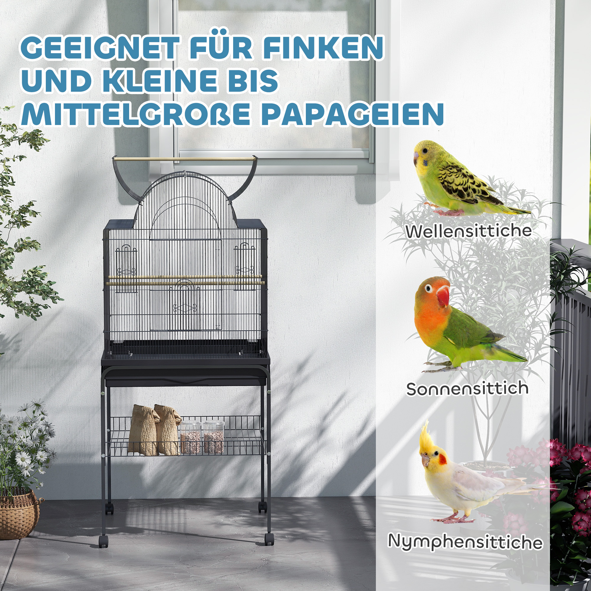 Vogelkäfig für Kanarienvögel & Wellensittiche, mobil, mit Bodenfach, Metallgitter, Schwarz
