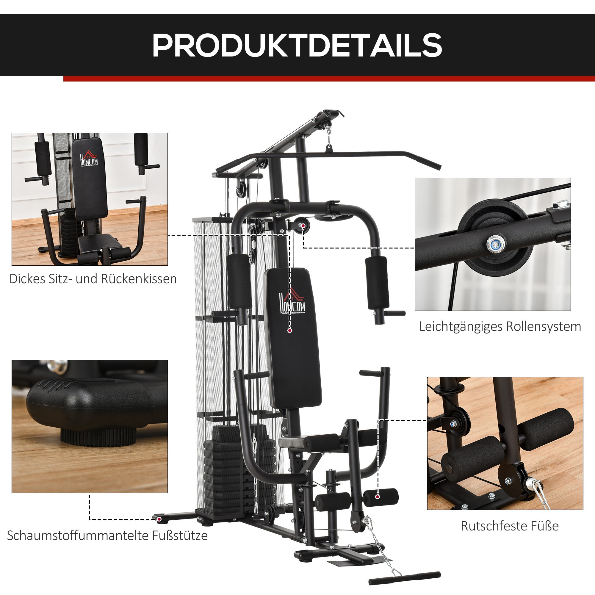 Kraftstation Fitnessstation Fitnessgerät Multifunktion Krafttraining Multistation Trainingsstation mit Latzug Butterflystange 45kg Gewichten Seil, Fitnessgeräte für Zuhause Schwarz