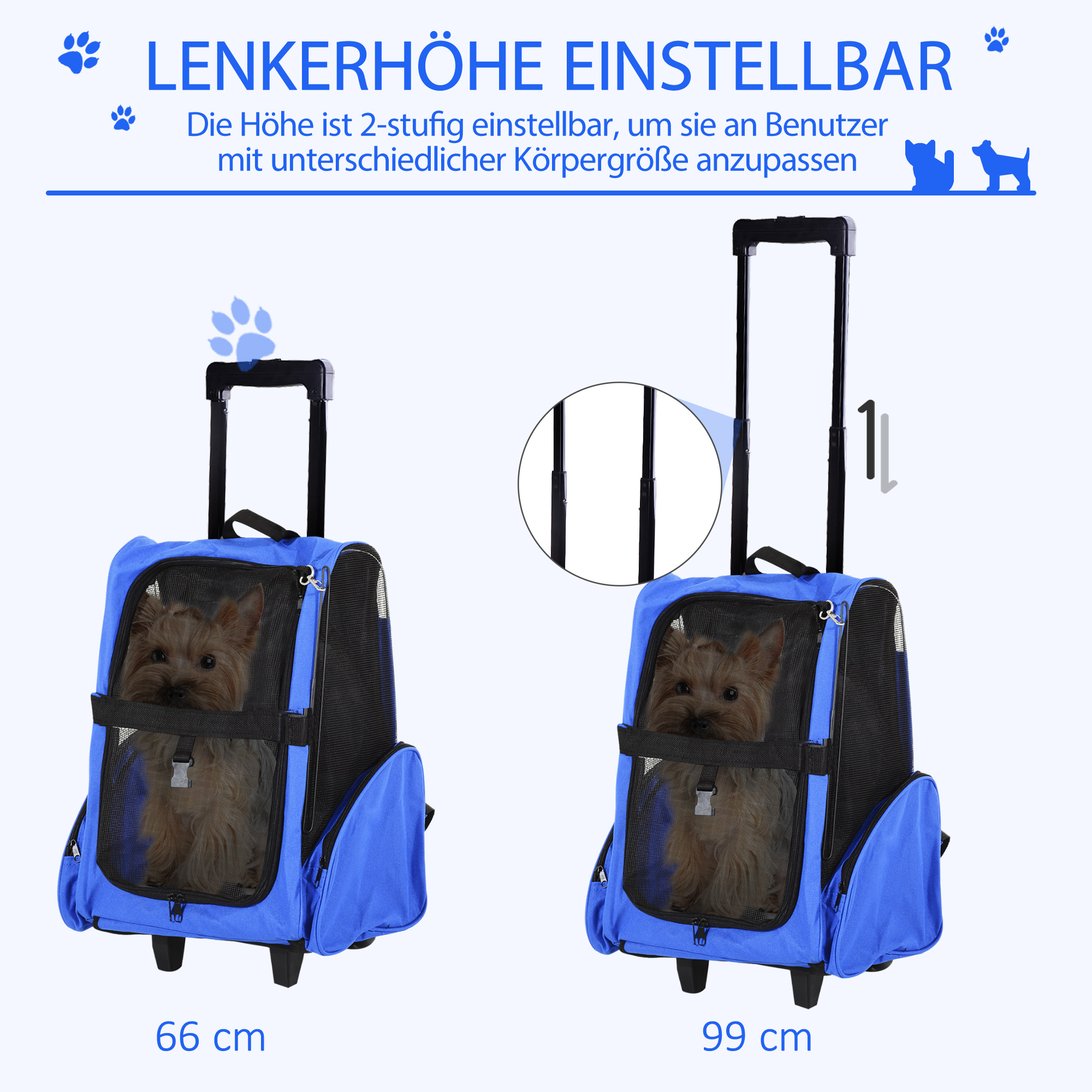 Hundetransporttasche, Haustierrucksack, 2-in-1-Design, ausziehbarer Griff, Seitentaschen, Blau, 42 x 25 x 55cm