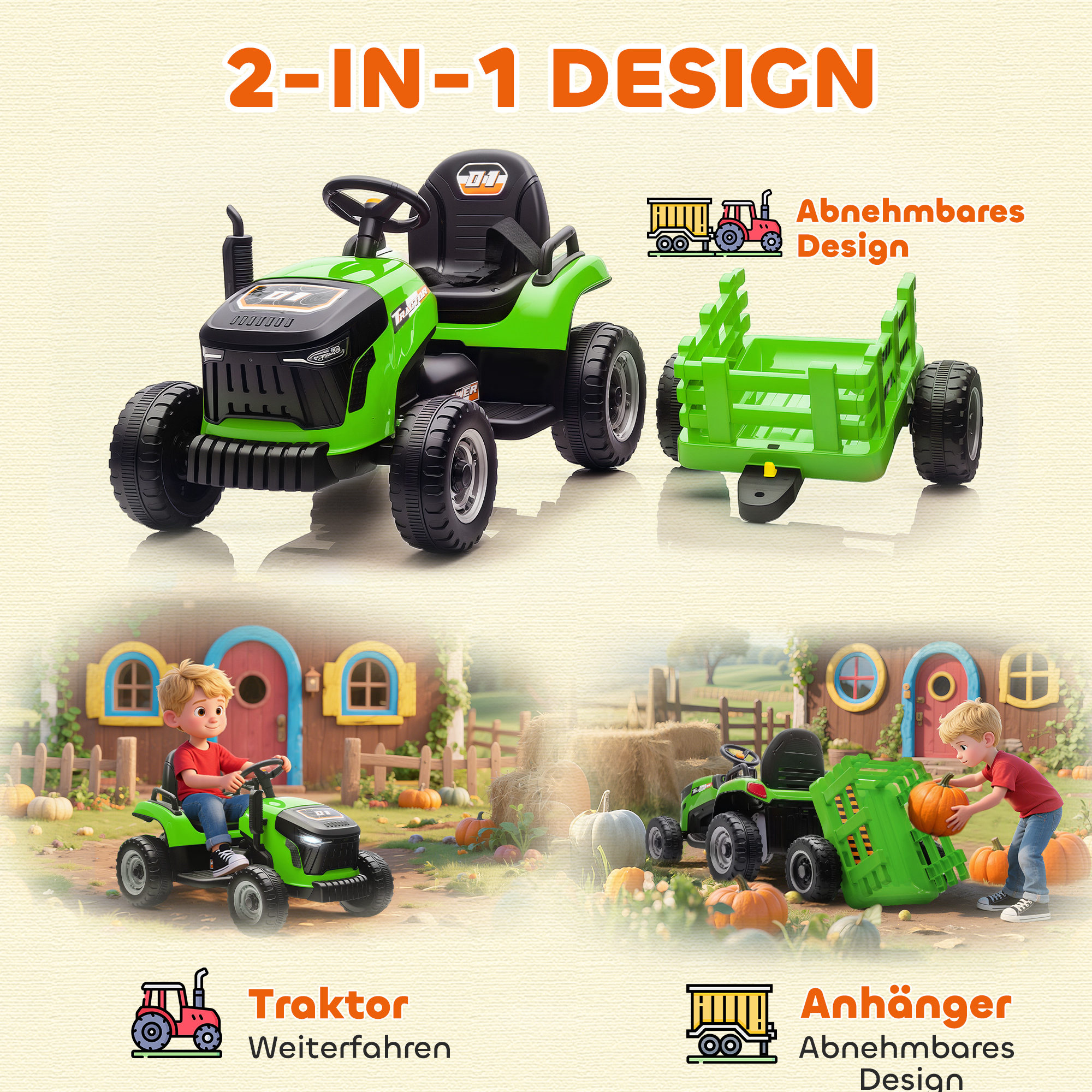 Elektrischer Kindertraktor, Aufsitz-Traktor mit Fernbedienung, Soft-Start, für Kinder im Alter von 3-8 Jahren, Grün