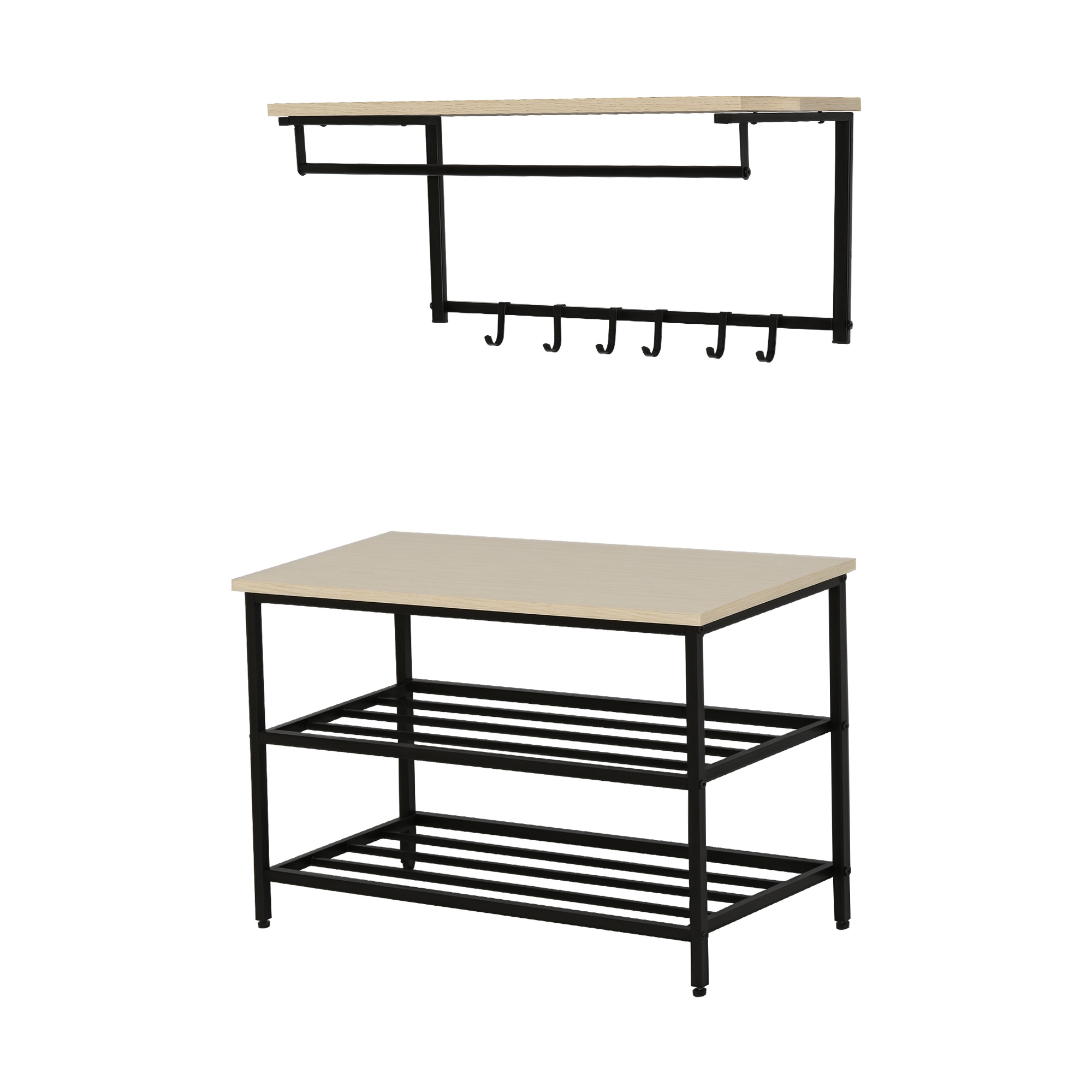 2-in-1 Garderobenset Flurgaderobe mit Sitzbank Wandgarderobe für Eingangsbereich, 6 Haken, Natur+Schwarz, 75 x 30 x 45 cm(Sitzbank)