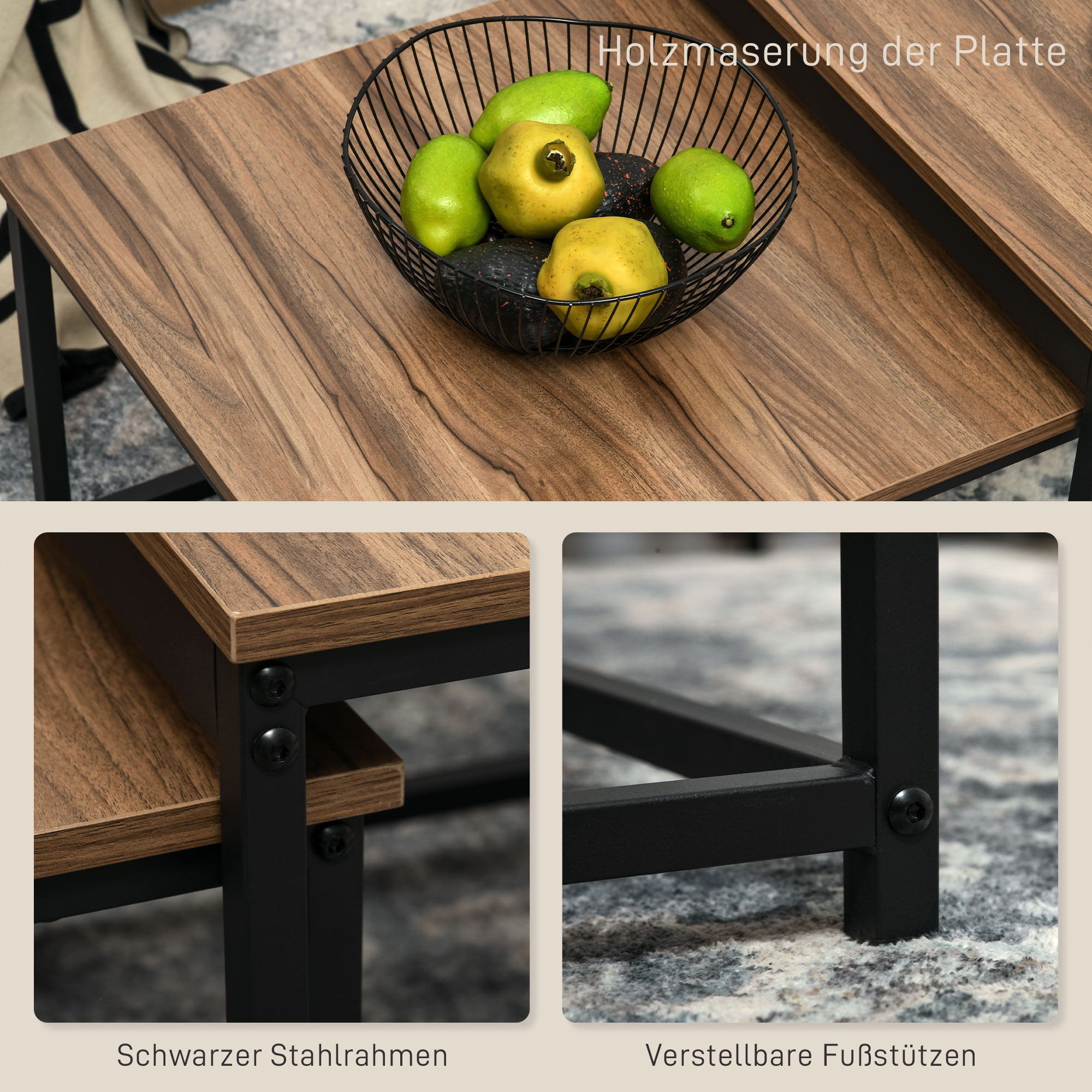 Satztisch-Set aus 2 Beistelltischen, Industrial Design, schwarzer Stahlrahmen, Tischplatte in Holzoptik