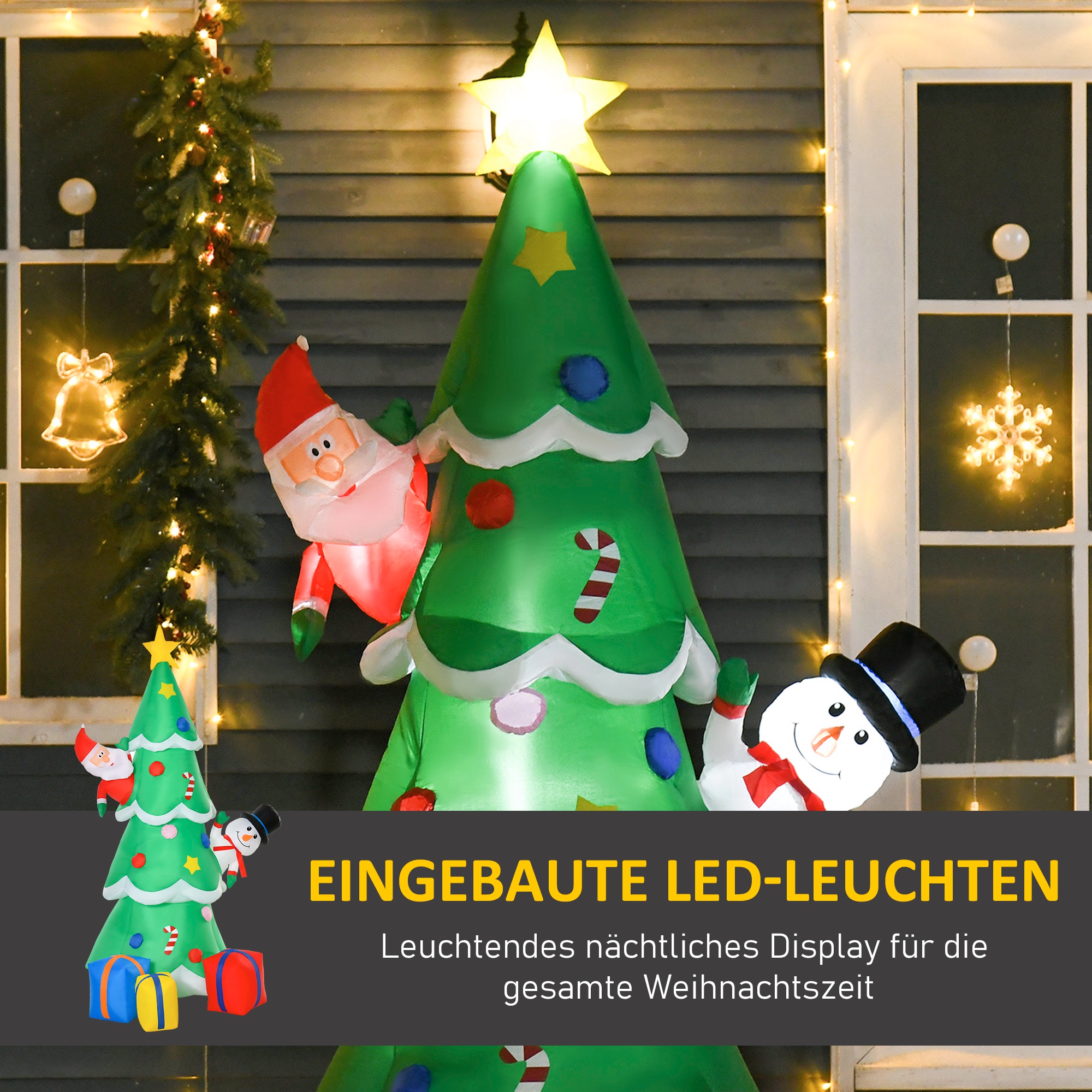 Aufblasbarer Weihnachtsbaum mit Weihnachtsmann Schneemann und Geschenkbox 210 cm Weihnachtsbeleuchtung LED Selbstaufblasend Polyester Grün 144 x 125 x 210 cm