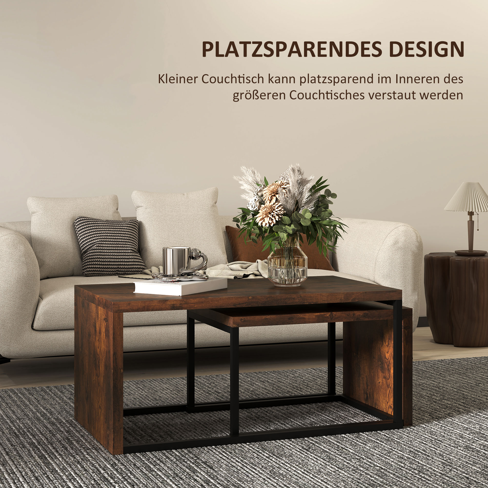 2er-Set Couchtisch, Sofatisch, Beistelltisch, MDF, Metall, 90 x 48 x 42 cm/59 x 42 x 36 cm, Schwarz+Braun