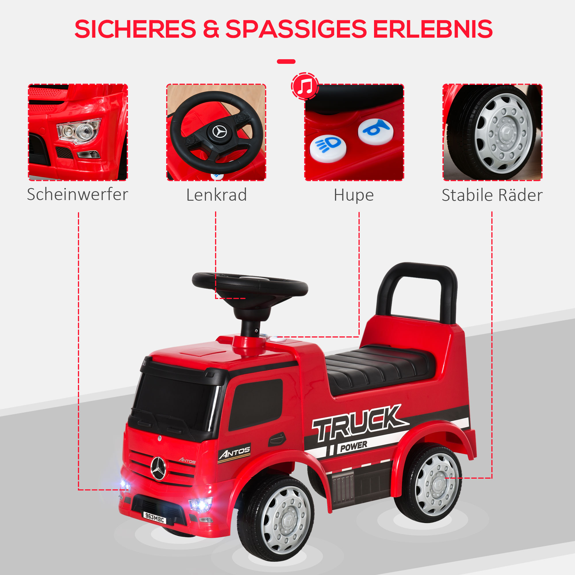 Rutscherfahrzeug Rutscherauto Babyrutscher Kinderfahrzeug lizenziert von Mercedes ANTOS-LKW-Stil mit Licht für Kinder von 12 bis 36 Monaten Metall PP-Kunststoff Rot+Schwarz 62,5x28,5x45cm