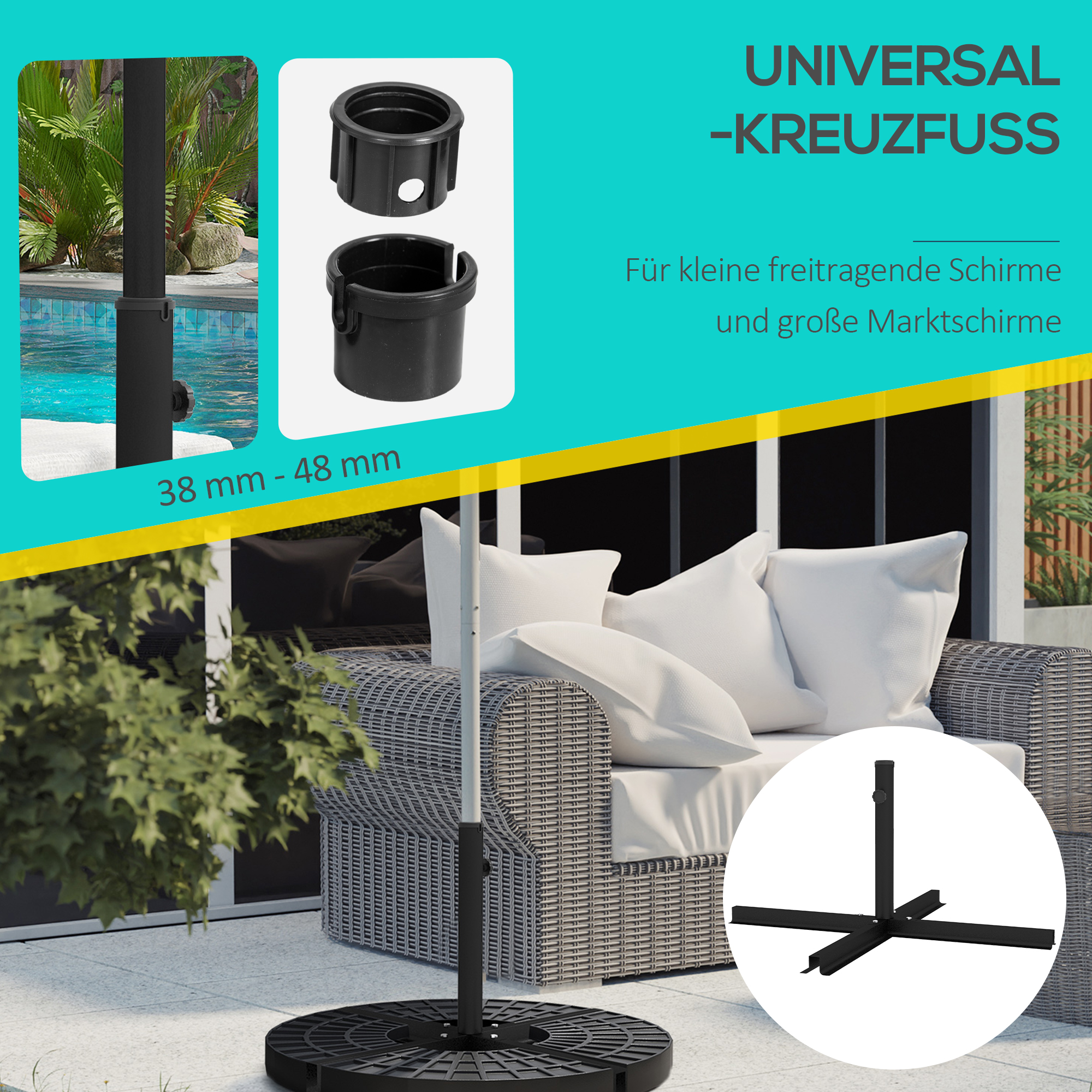 Sonnenschirmständer Sonnenschirmfuß Kreuzfuß, wetterbeständig, 100 x 100 x 75 cm, Schwarz