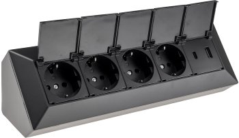 4-fach Steckdosenblock, USB-A+C, schwarz, 250V~/ 16A, USB 3,1A, PD, mit Klappen
