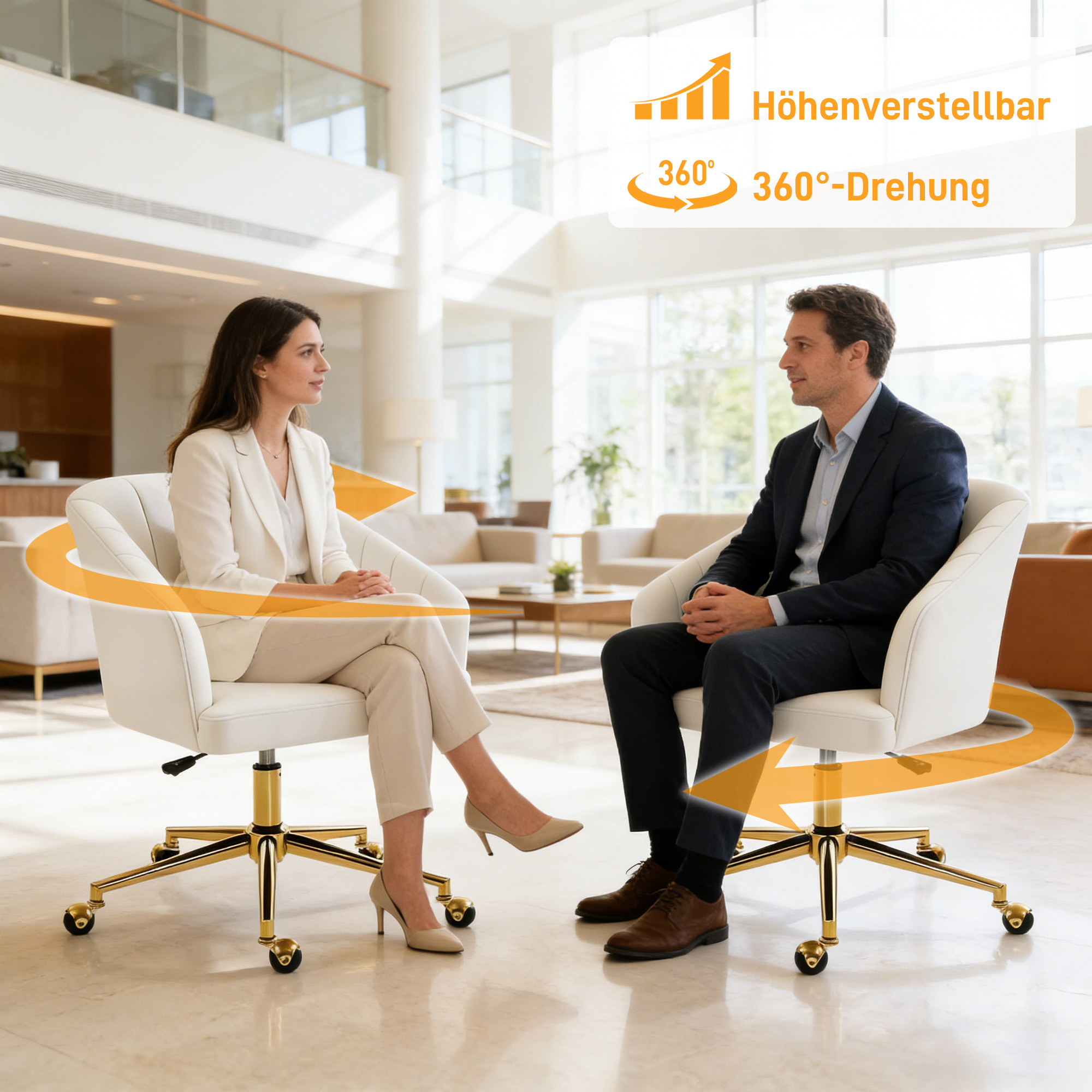 Bürostuhl in Samtoptik, Schaumstofffüllung, höhenverstellbar, rollbar, Stahlbasis, Cremeweiß