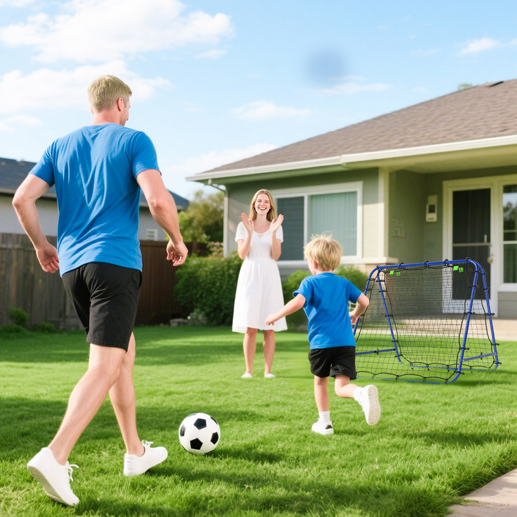 Rebounder für Fußball, verstellbar Prellwand mit 5 Winkelpositionen und Rückprallwand Netz, 100 x 95cm Kickback Tor Fußballtor für Jugendliche, Rückprallwand für Handball Training, Blau