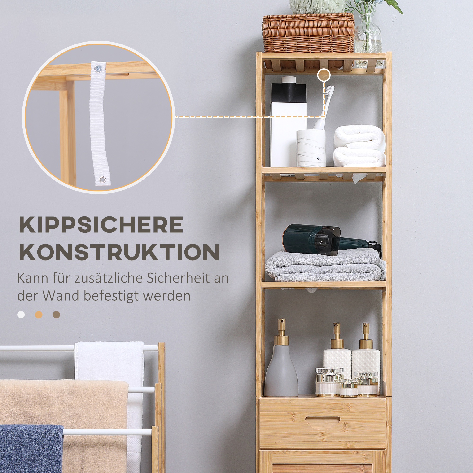Badezimmerregal, 3 offene Fächer, Schublade, Lamellentür, Bambus, 32 x 30 x 163 cm
