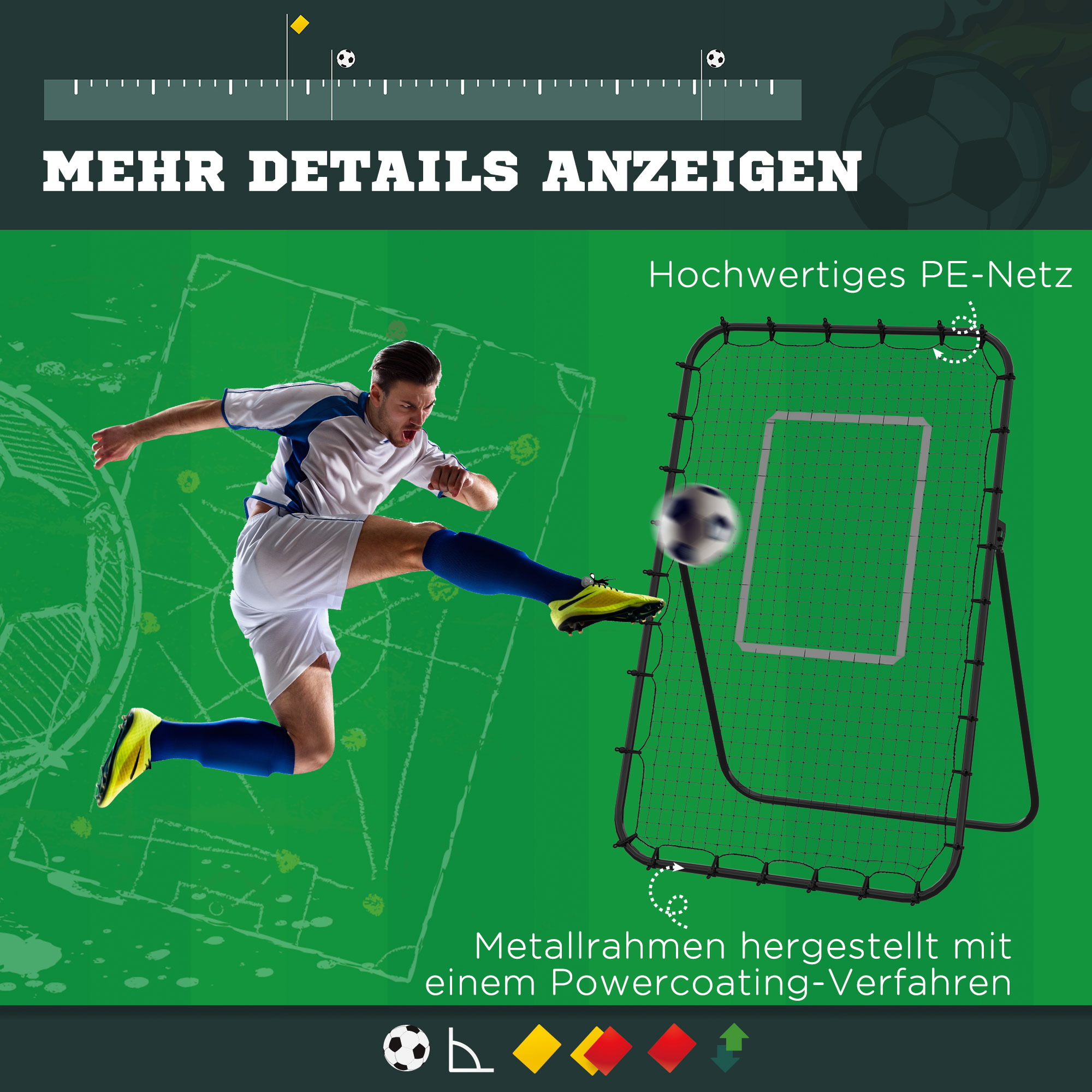 Fussball-Rückprallnetz, verstellbarer Winkel, höhenverstellbar, Rebounder, Kickback, Schwarz