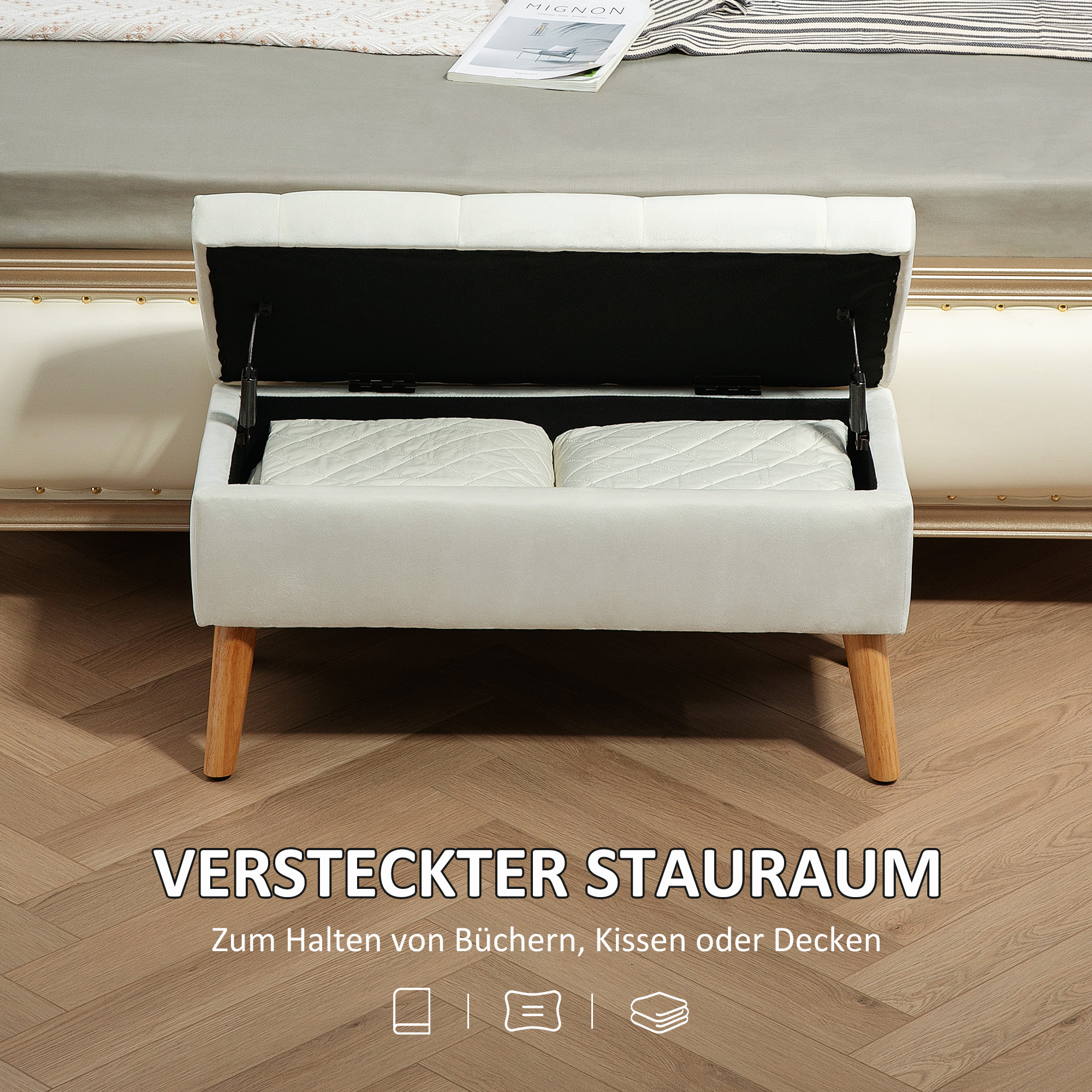 Polsterbank mit Stauraum, Stoffbezug in Samtoptik, Holzbeine, für Wohnzimmer, Schlafzimmer, Flur, 80 x 35 x 40 cm, Weiß