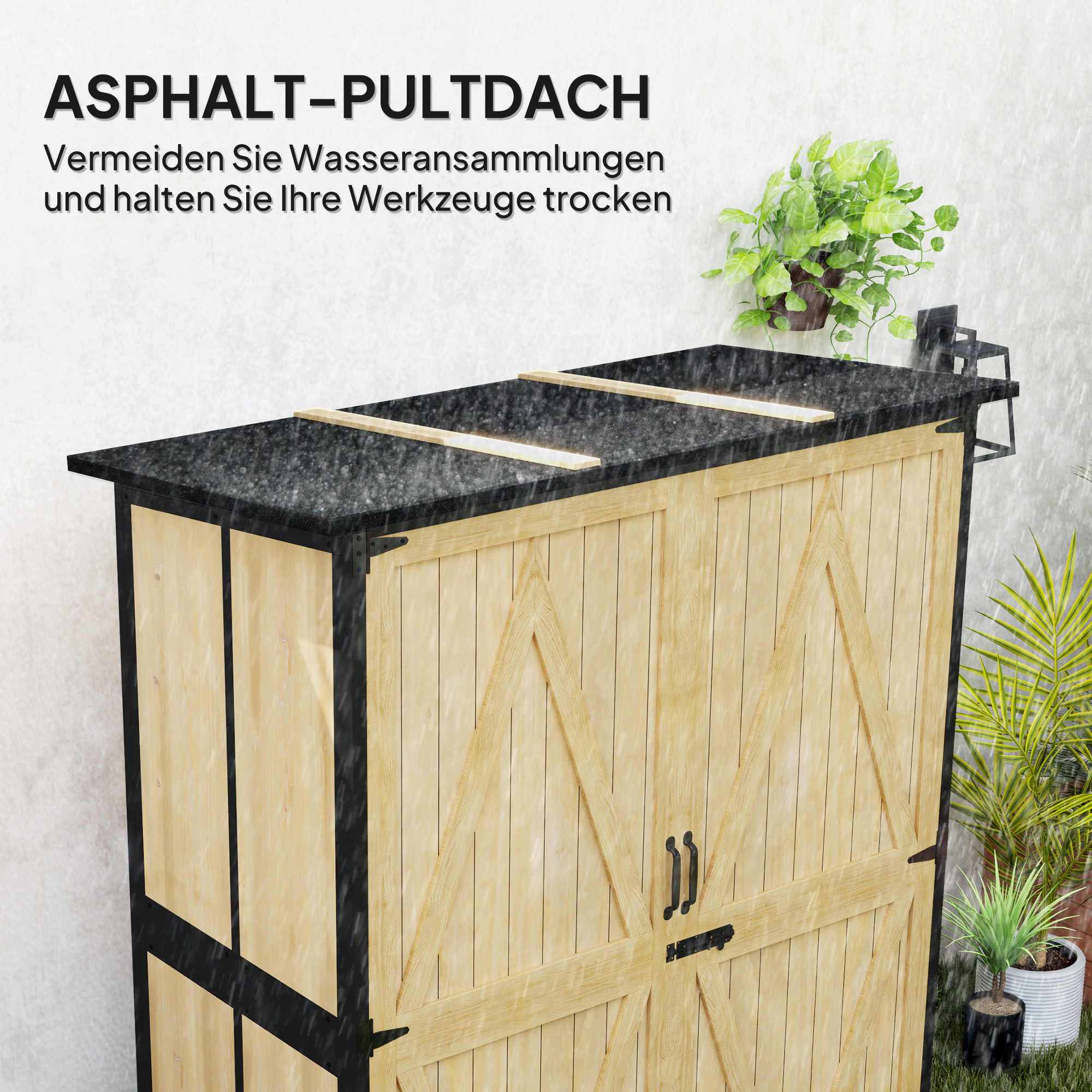 Gartenschrank aus Holz und Stahl, Outdoor-Werkzeugschrank mit Asphalt-Dach, 2 Regale, verschließbare Türen, Naturholz