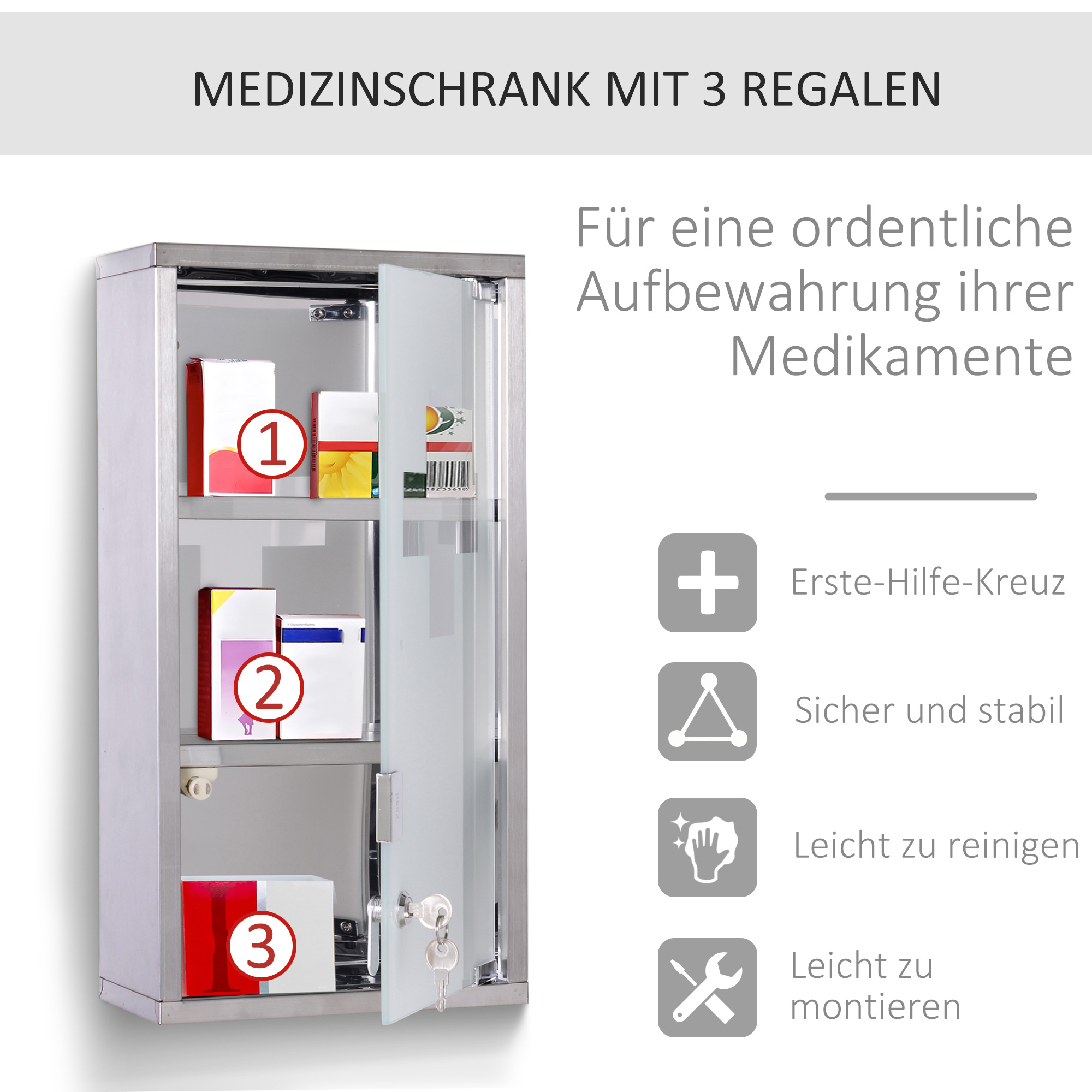 Medizinschrank aus Edelstahl Arzneischrank zur Medikamenten-Aufbewahrung, Abschließbar Medikamentenschrank mit 3 Fächer, Glastür 25 x 12 x 48 cm, Silber