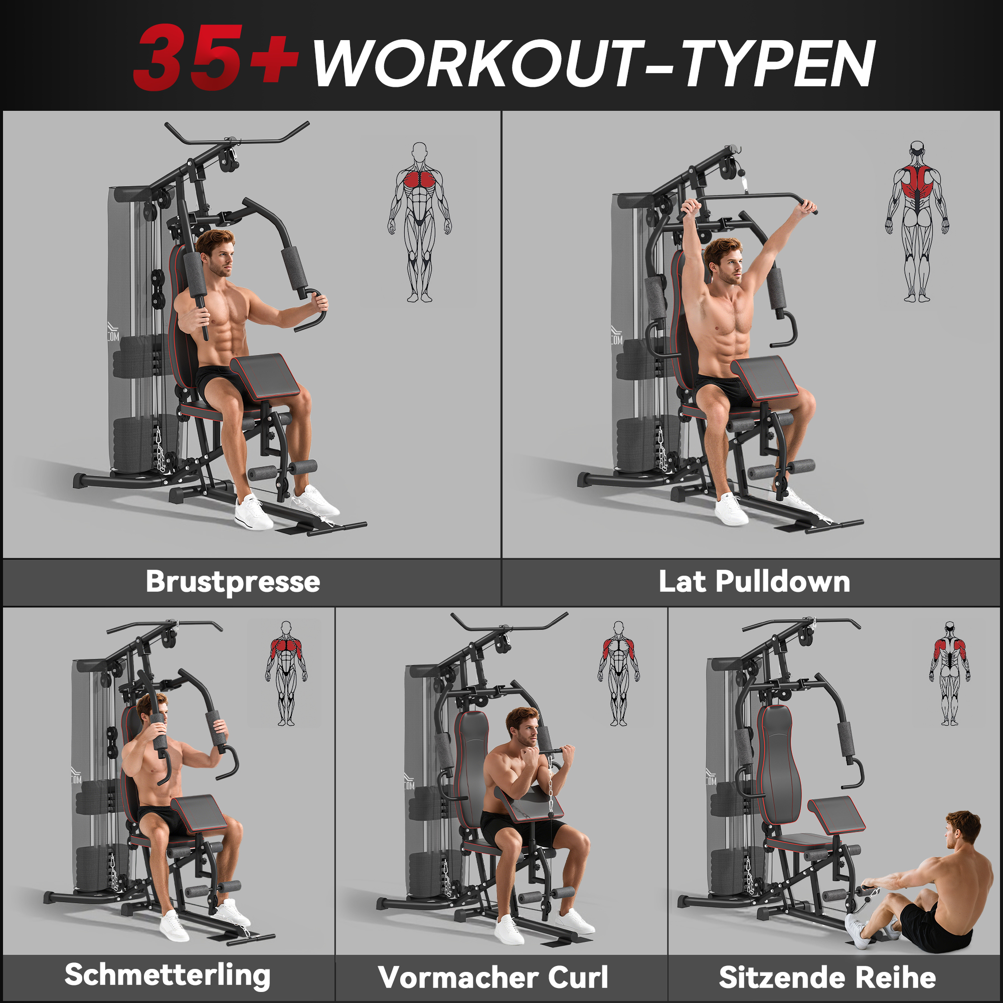 Heimtrainer, Trainingsstation, Hantelbank, Brustpresse, Stahl, 170x104x205 cm, Schwarz