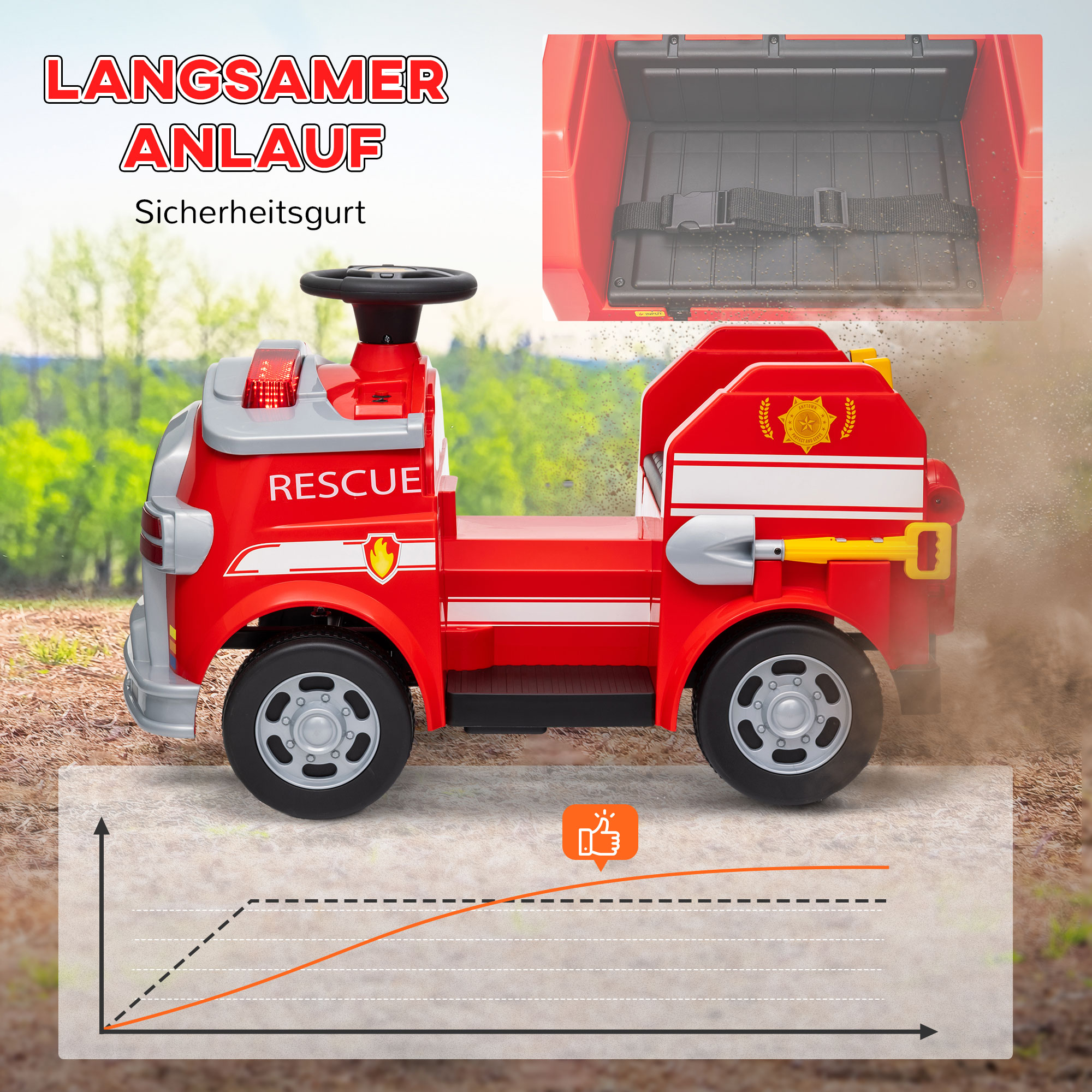 Feuerwehrauto, Elektro-Kinderauto, max, 3 km/h, Sirene, Blaulicht, Werkzeuge, für Kinder 3-5 Jahre