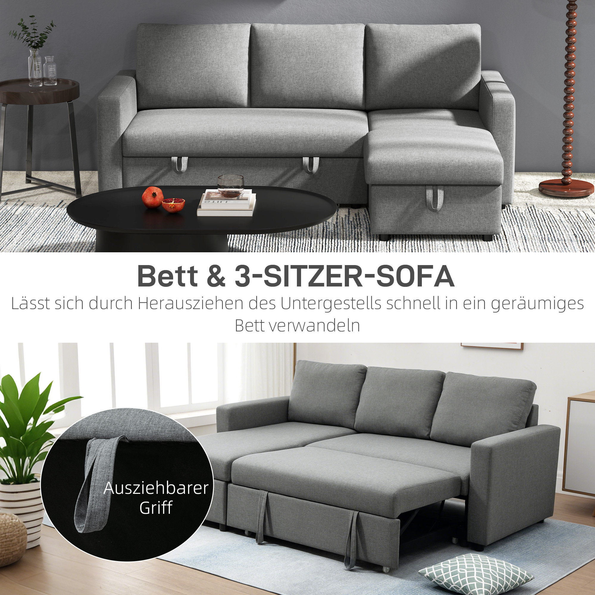 Ecksofa mit Schlaffunktion Stauraum Eckcouch mit Bettkasten Chaiselongue Schlafsofa Stoffsofa L-Form Leinen-Touch Hellgrau 211,5 x 146 x 85 cm