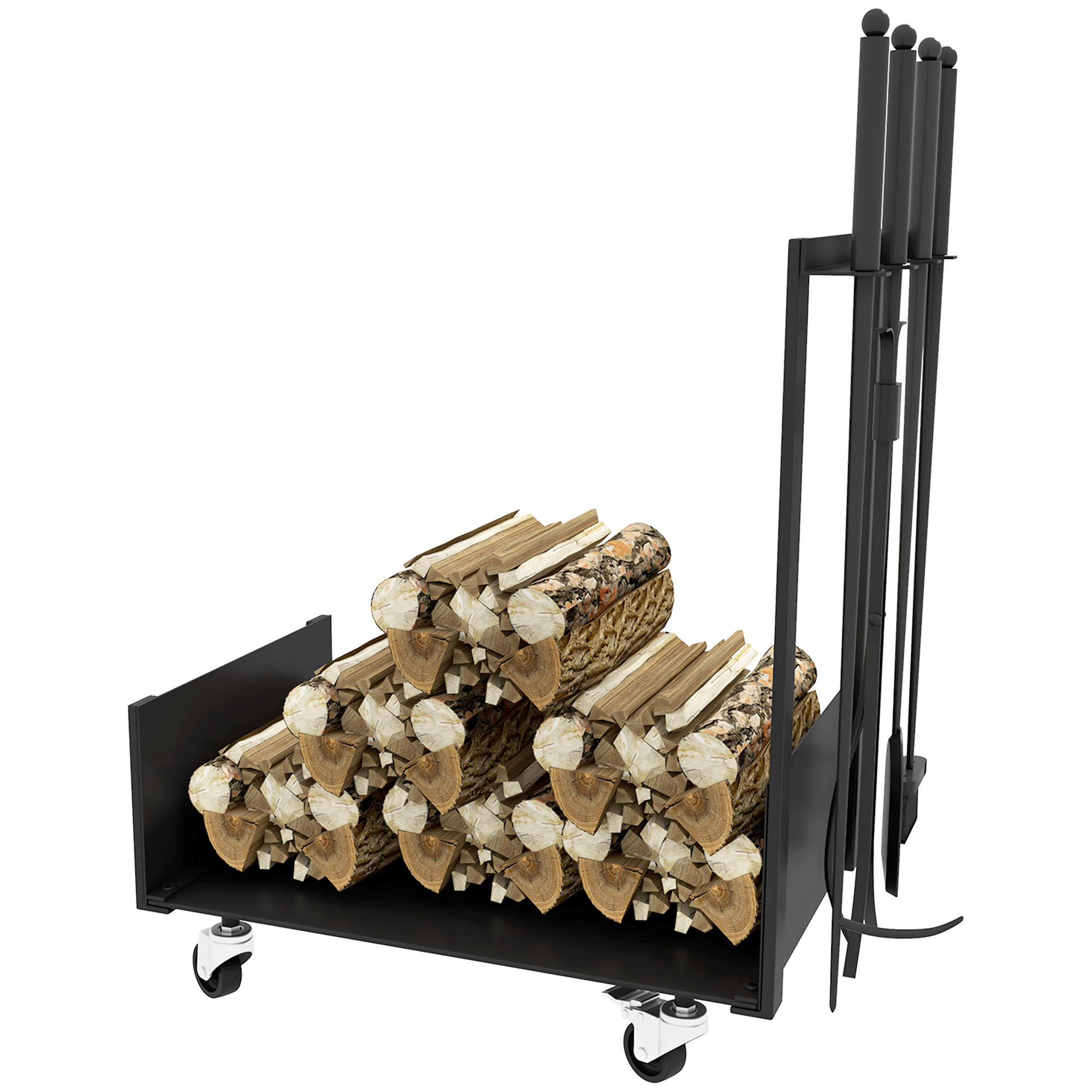 Feuerholzgestell mit Rädern, viel Zubehör, Metallrahmen, bis 60 kg, 48 x 30 x 76 cm, Schwarz Feuerholzgestell mit Rädern, viel Zubehör, Metallrahmen, bis 60 kg, 48 x 30 x 76 cm, Schwarz