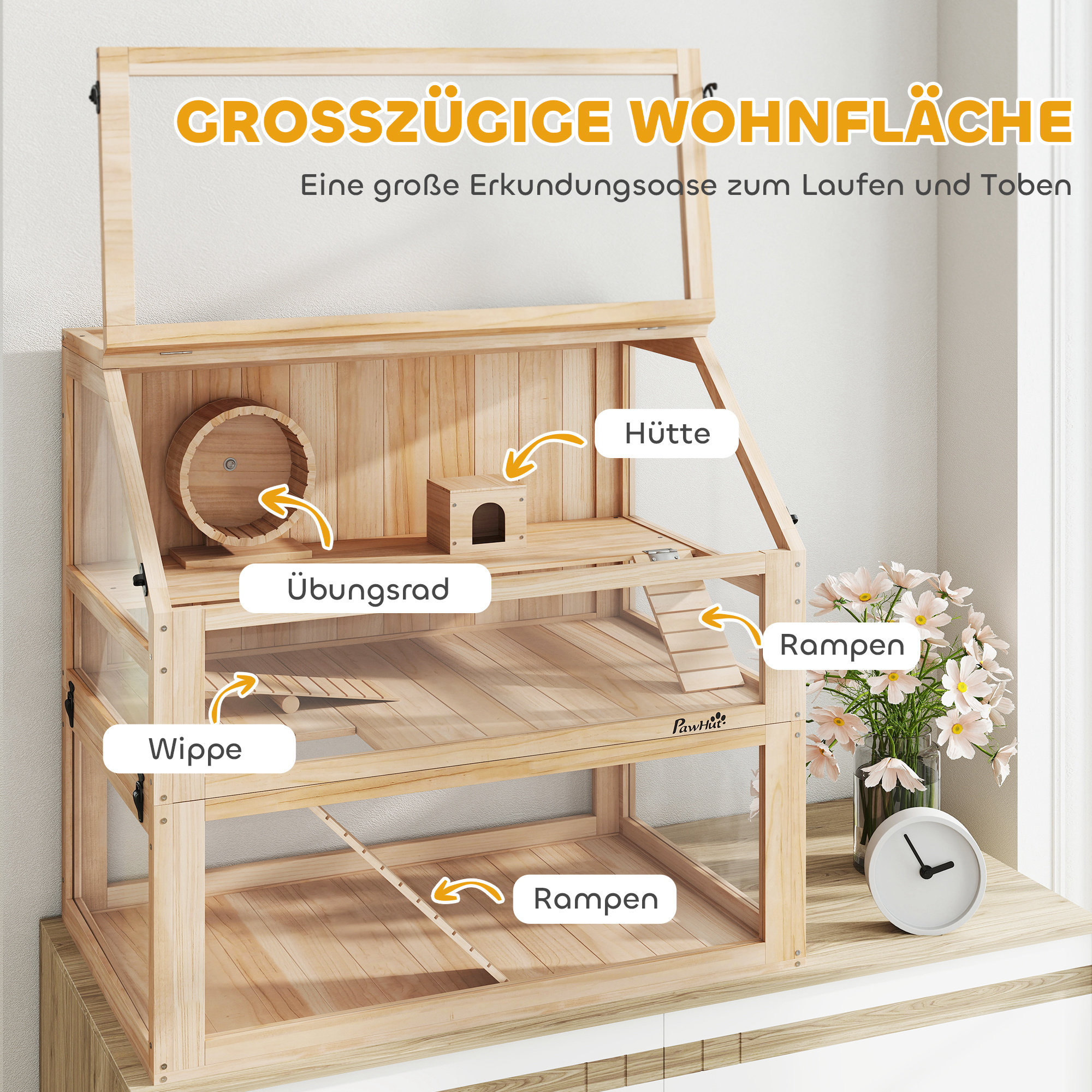 Hamsterkäfig aus Holz 3 Etagen Nagarium Nagerkäfig mit klappbarem Deckel Laufrad 80 x 50 x 76 cm Naturholz