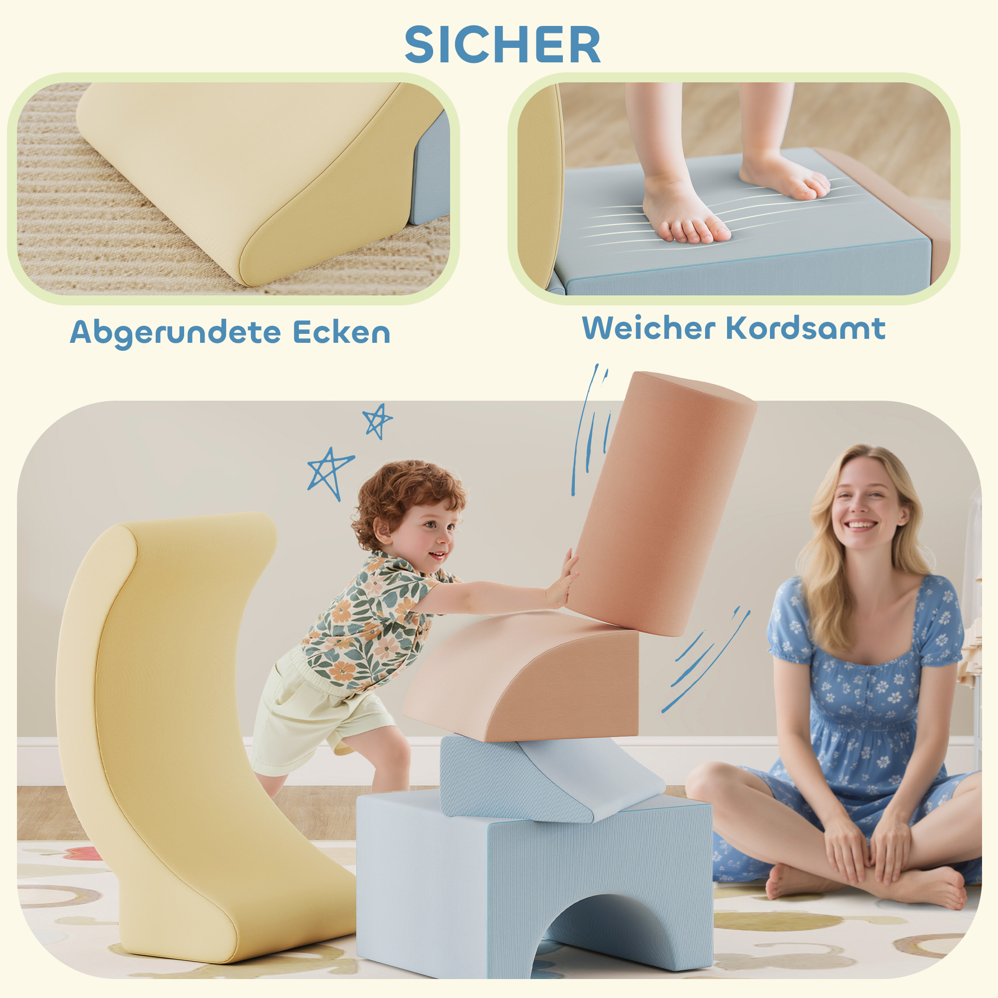 5er-Set Schaumstoff-Kletterblöcke, Cordbezug, leichtes Gewicht, zum Bauen, Krabbeln, Klettern, Bunt