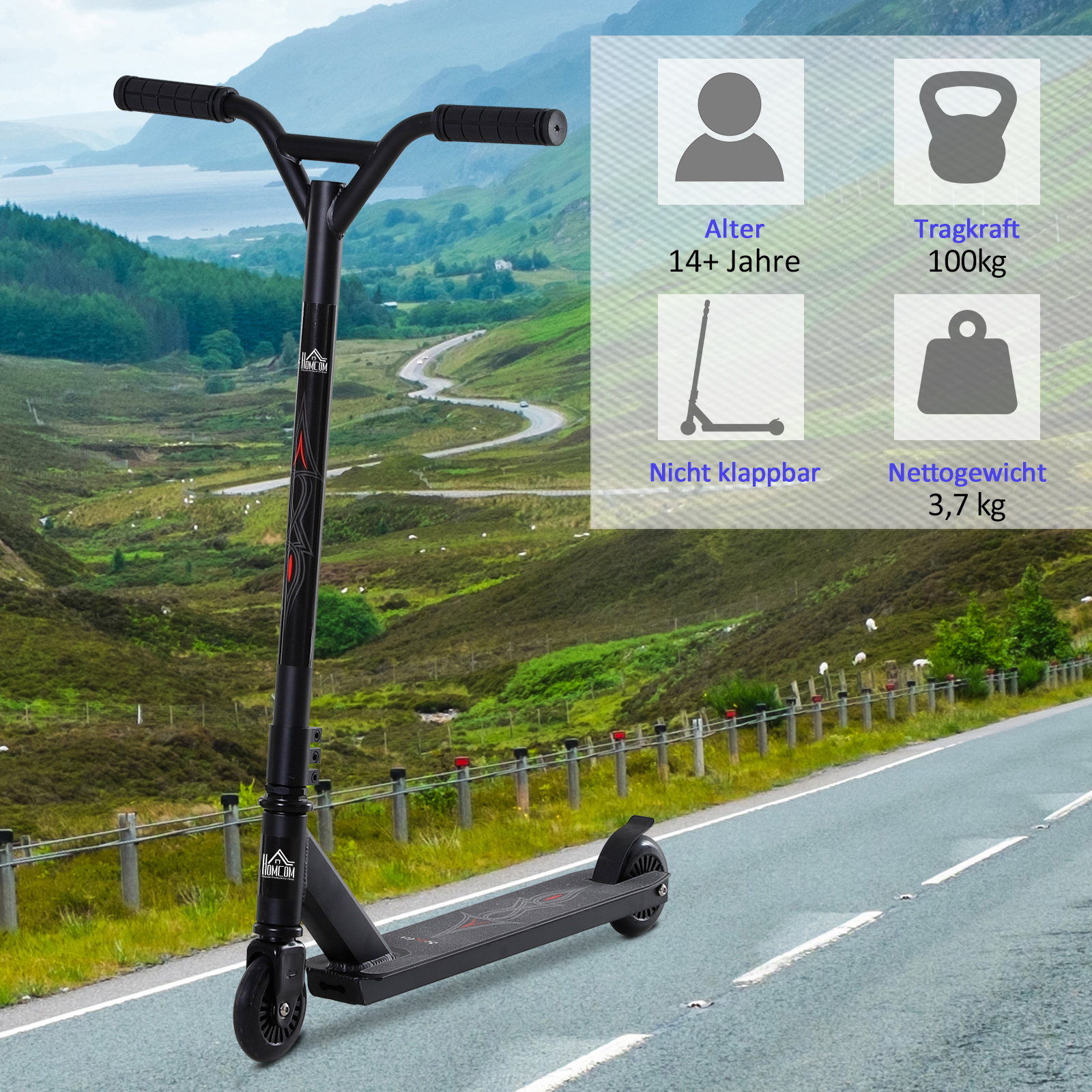 Pro Stunt Scooter für Kinder & Erwachsene, Freestyle Tretroller, 100mm Kunstleder-Räder, Aluminium Schwarz, für Tricks