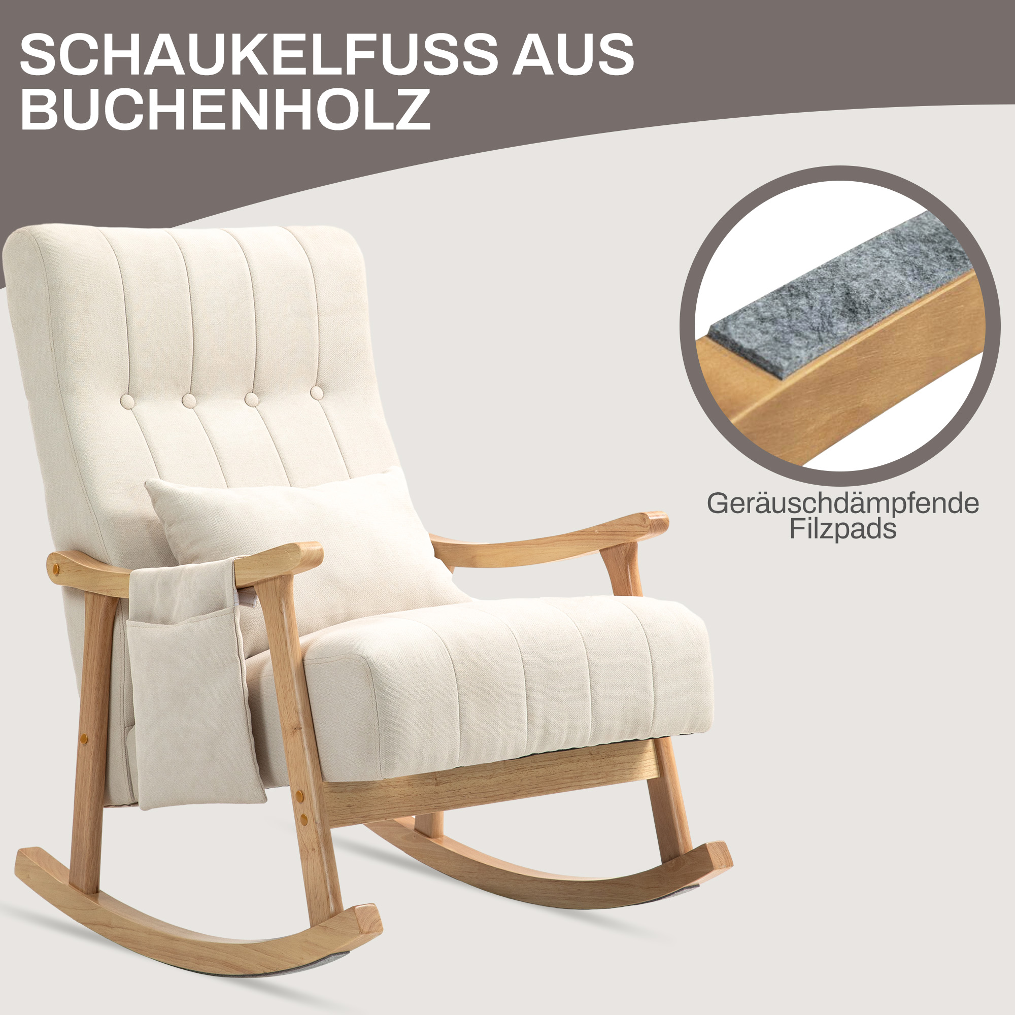 Schaukelstuhl mit Nierenkissen, breiter Sitz, Buchenrahmen, bis 120 kg, Beige
