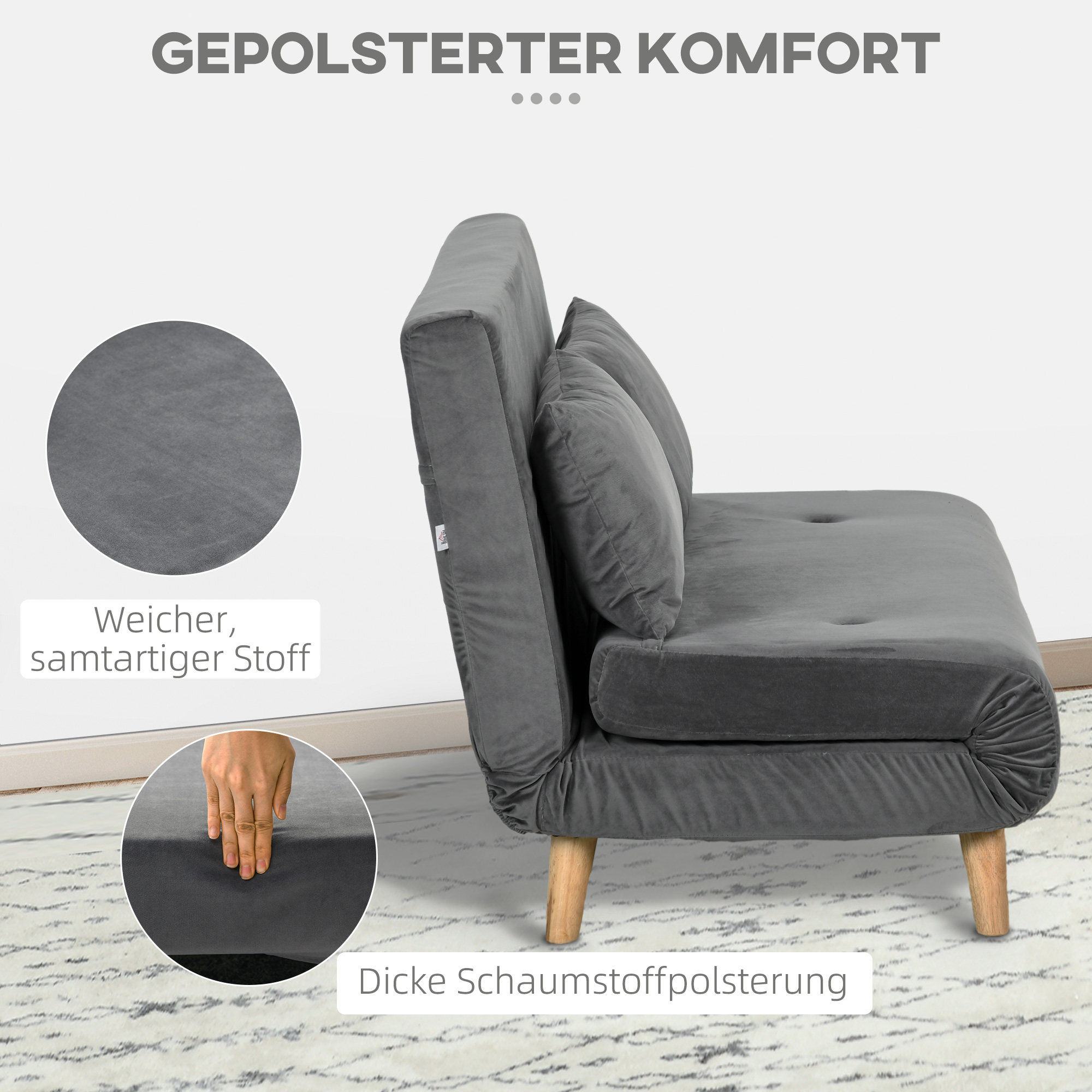 Schlafsofa Relaxsofa Sofa Couch, inkl, 2 Kissen, Samtoptik, 130 x 78 x 79 cm, Grau