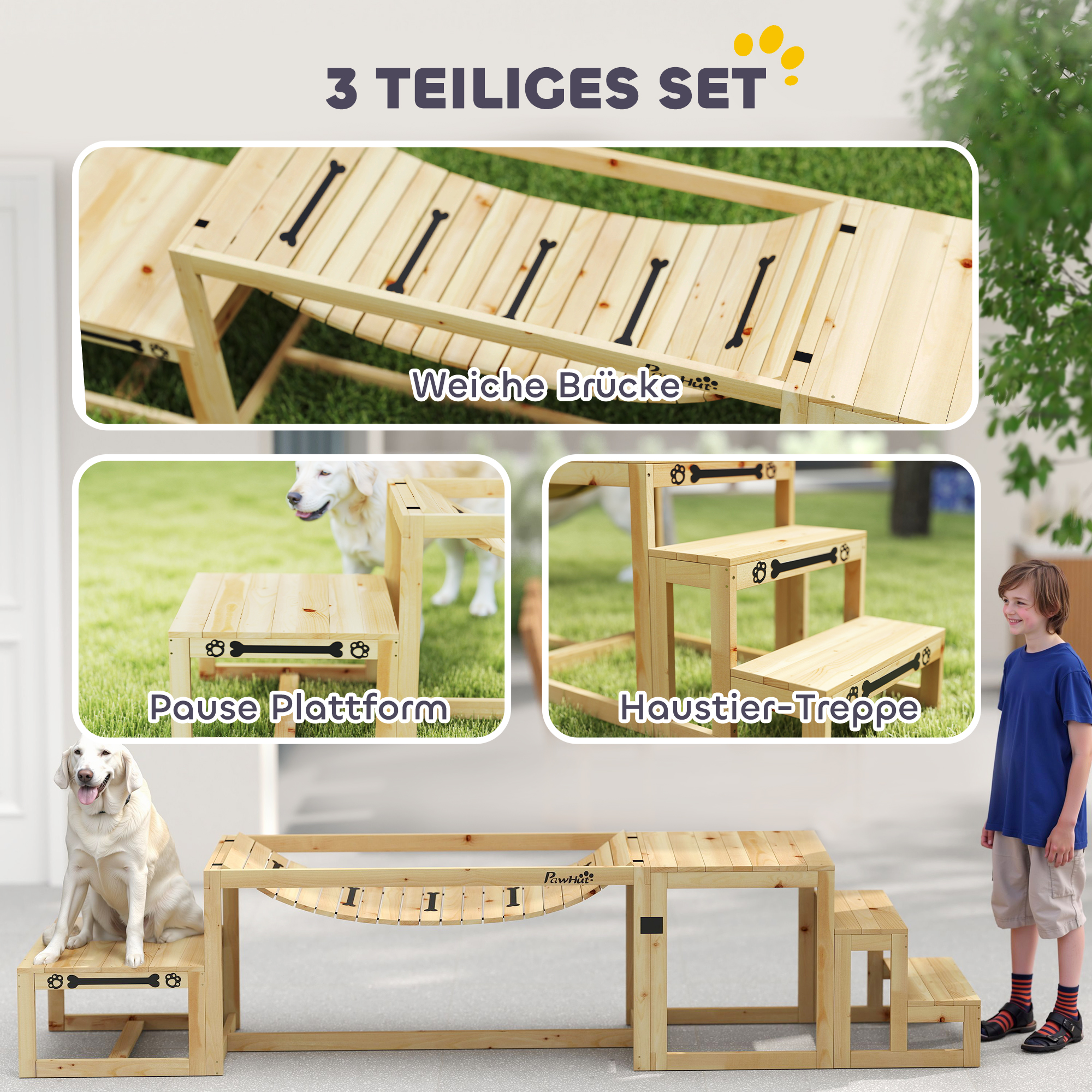 Agility-Set für Hunde, Hundetrainings-Konstruktion mit Brücke, Treppe, Plattform, Tannenholz, für große Hunde bis 40 kg