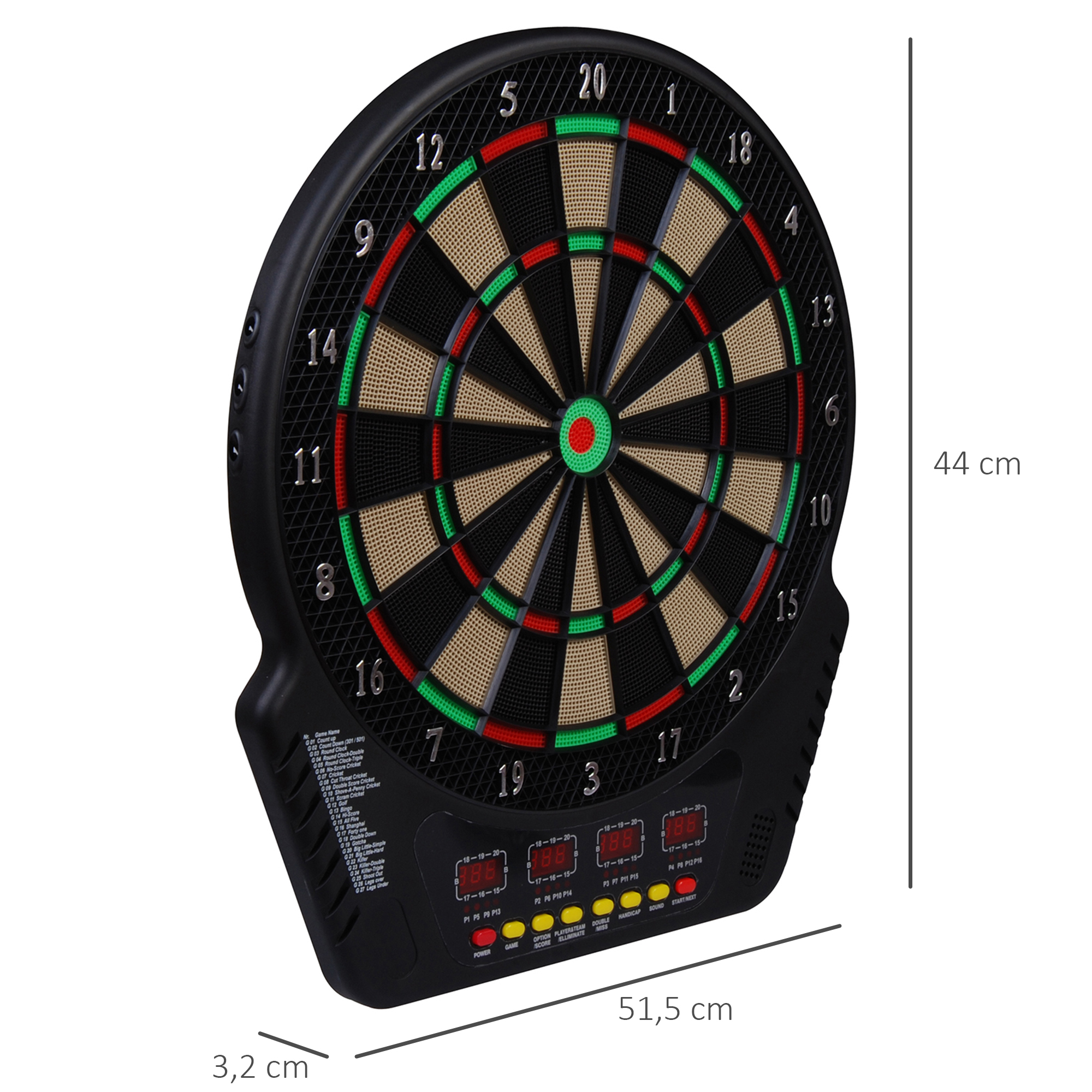 Elektronische Dartscheibe Dartboard Dart-set mit LED Anzeige mit automatischer Wertung Soundeffekte 6 Darts 24 Dartköpfe 27 Spiele und 243 Trefferoptionen für 16 Spieler 44 x 51,5 x 3,2 cm