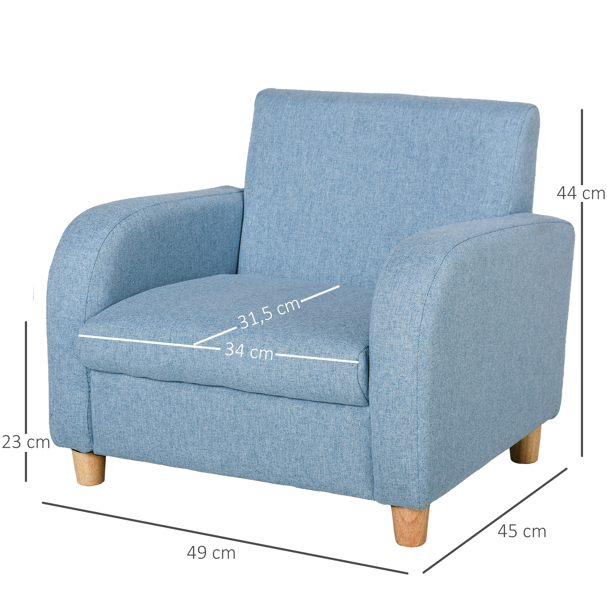 Kindersessel Kindersofa mit Leinen-Optik, massiven Holzfüßen Sessel aus Schaumstoff Kinderstuhl für Kinderzimmer, Spielzimmer, 49 x 45 x 44 cm, für Kinder 3-5 Jahre Blau