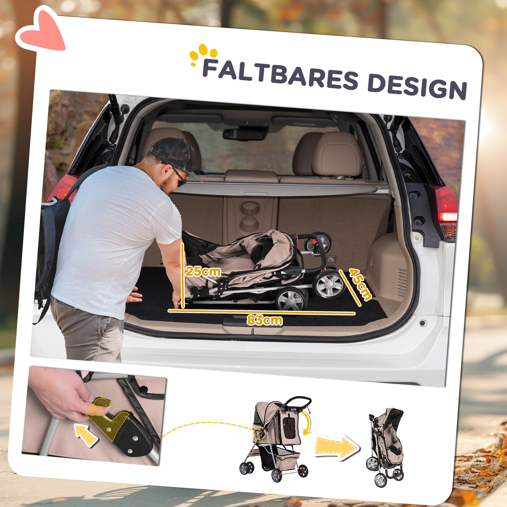 Hundebuggy Hundewagen bis 10 kg Klappbar Bodenkorb 2 Becherhalter Sonnendach Kaffeebraun