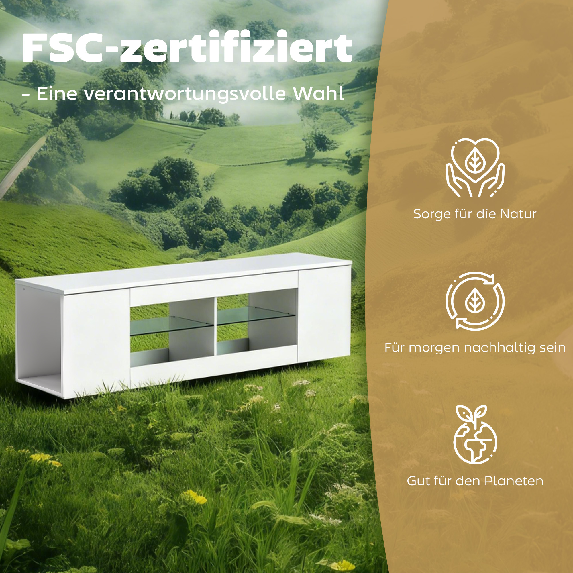 140 cm TV-Ständer, Fernseh-Kommode, 6 Fächer, 2 Glasregale, Spanplatte, Weiß