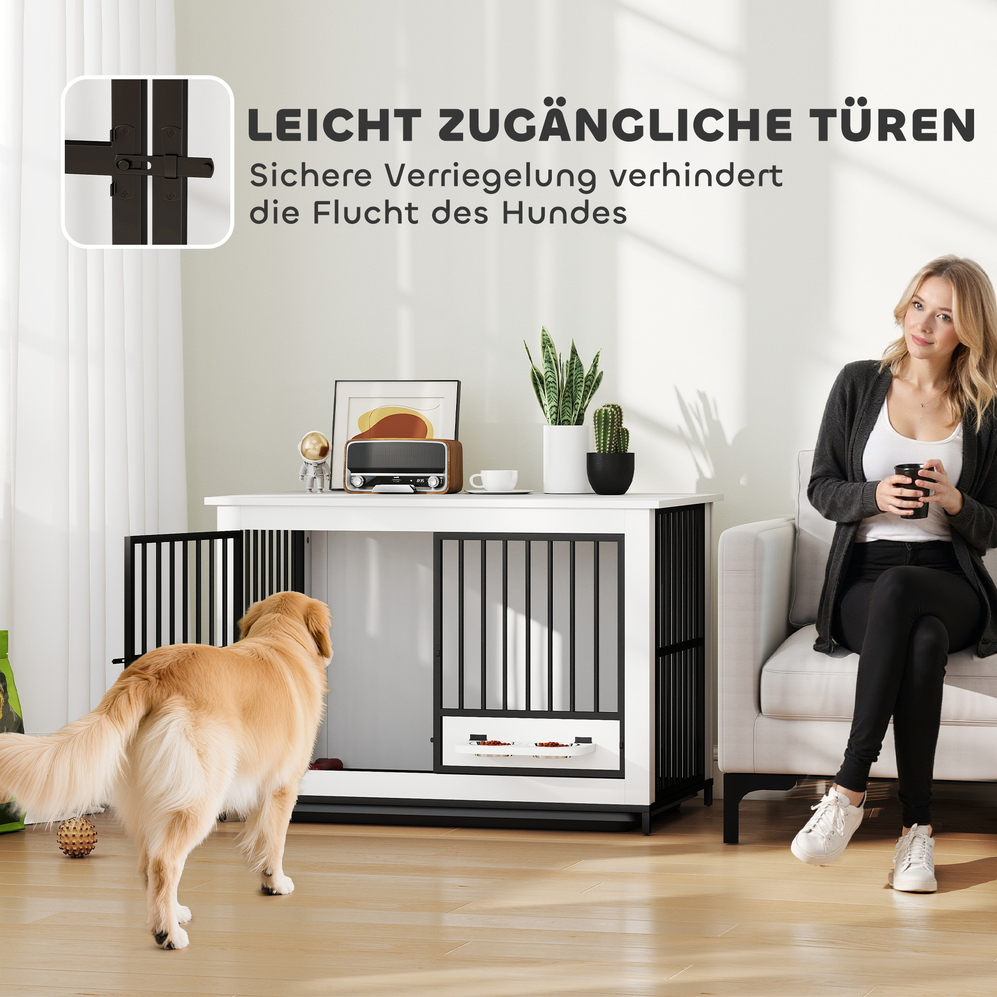 Große Hundebox, einfacher Zugang, verschließbar, drehbarer Schüsselhalter, für kleine und große Hunde, Weiß