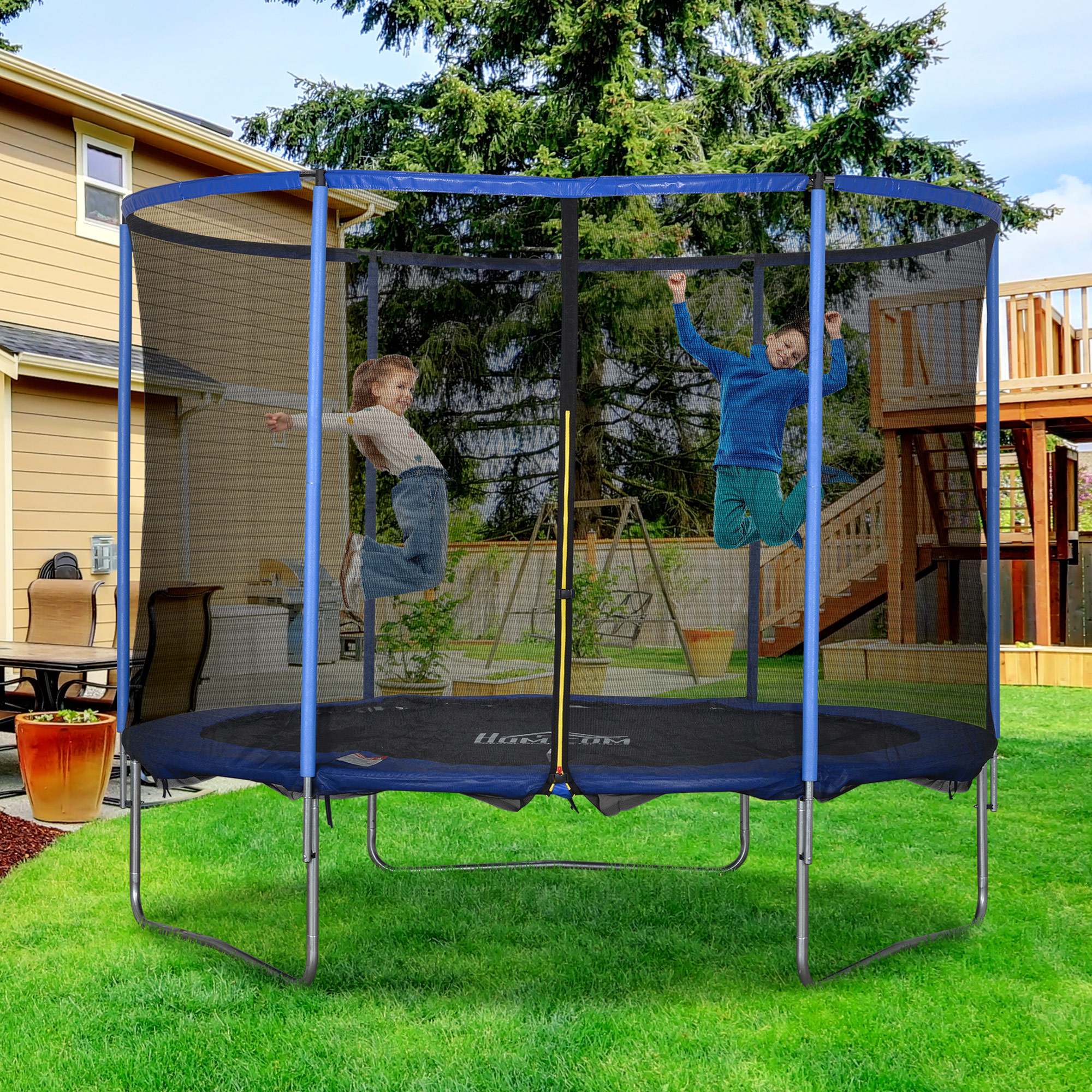 Trampolin mit Sicherheitsnetz Gartentrampolin für Innen- und Außenbereich Fitnesstrampolin für Kinder und Erwachsene Stahl Blau+Schwarz bis 113,6 kg Ø305 x 248H cm