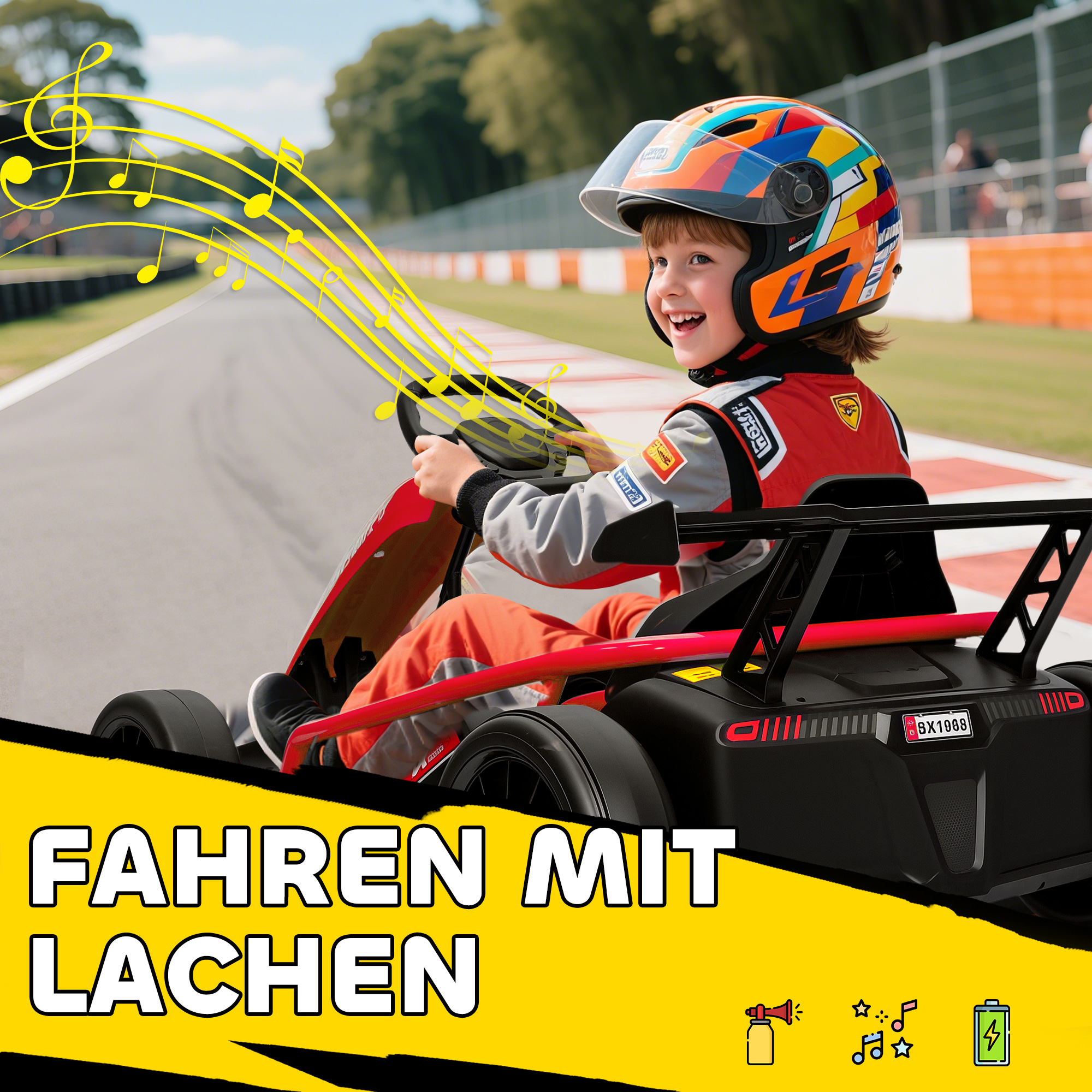 24V Elektro-Go-Kart zum Fahren und Driften, Nylon-Reifen, Sicherheitsgurt, Hupe, Musik für 8-12 Jahre Rot