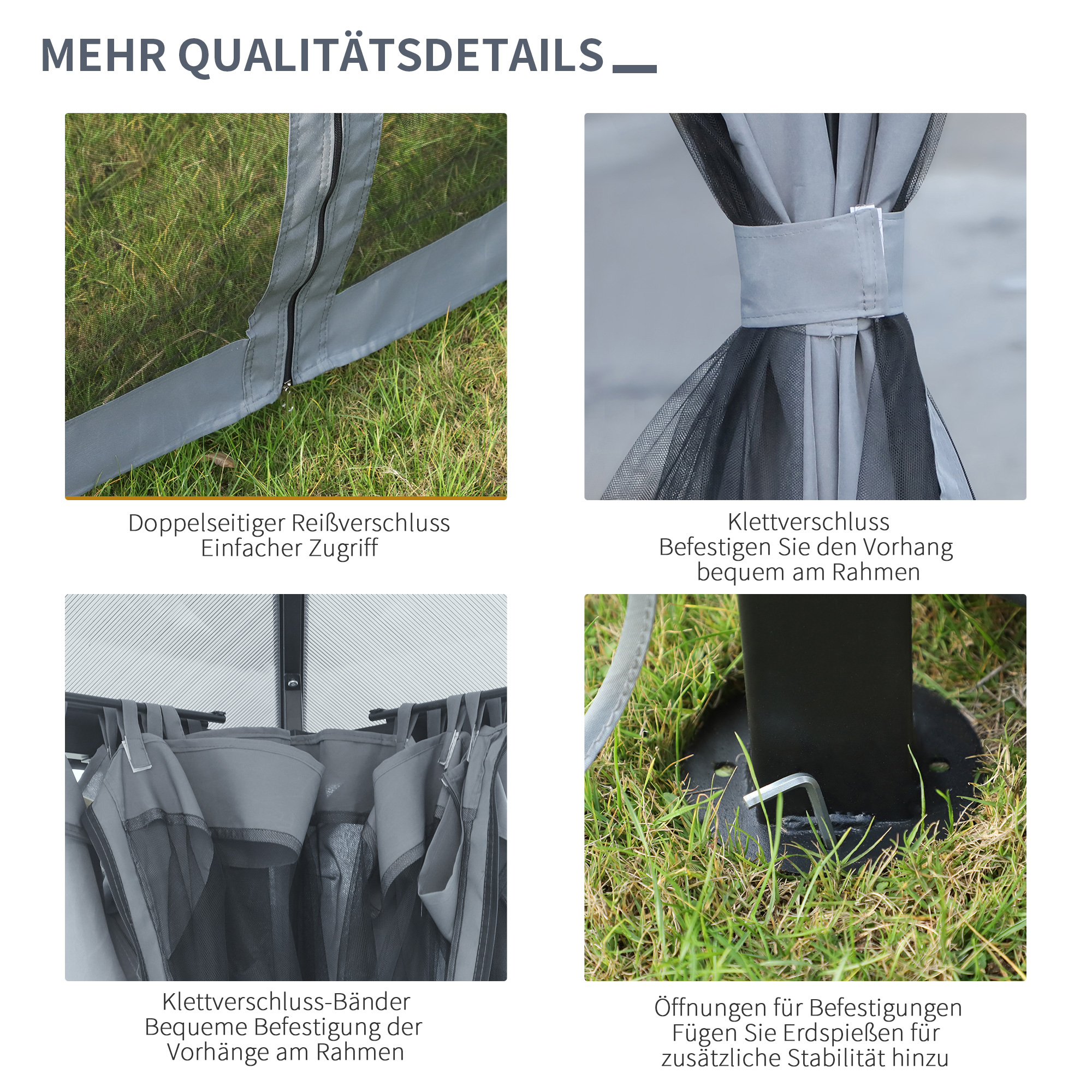 Pavillon mit Polycarbonatdach, Vorhänge mit Fliegennetz, Alugestell, dunkelgrau, 3 x 3 m