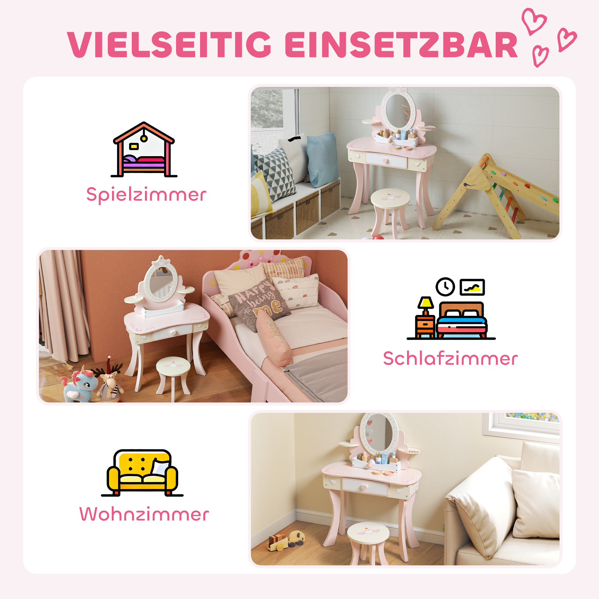 Kinderschminktisch, Stuhl, Schublade, abnehmbarer Spiegel, Kinderschreibtisch mit 7 Zubehörteilen, 2-in-1 Design, MDF, Rosa