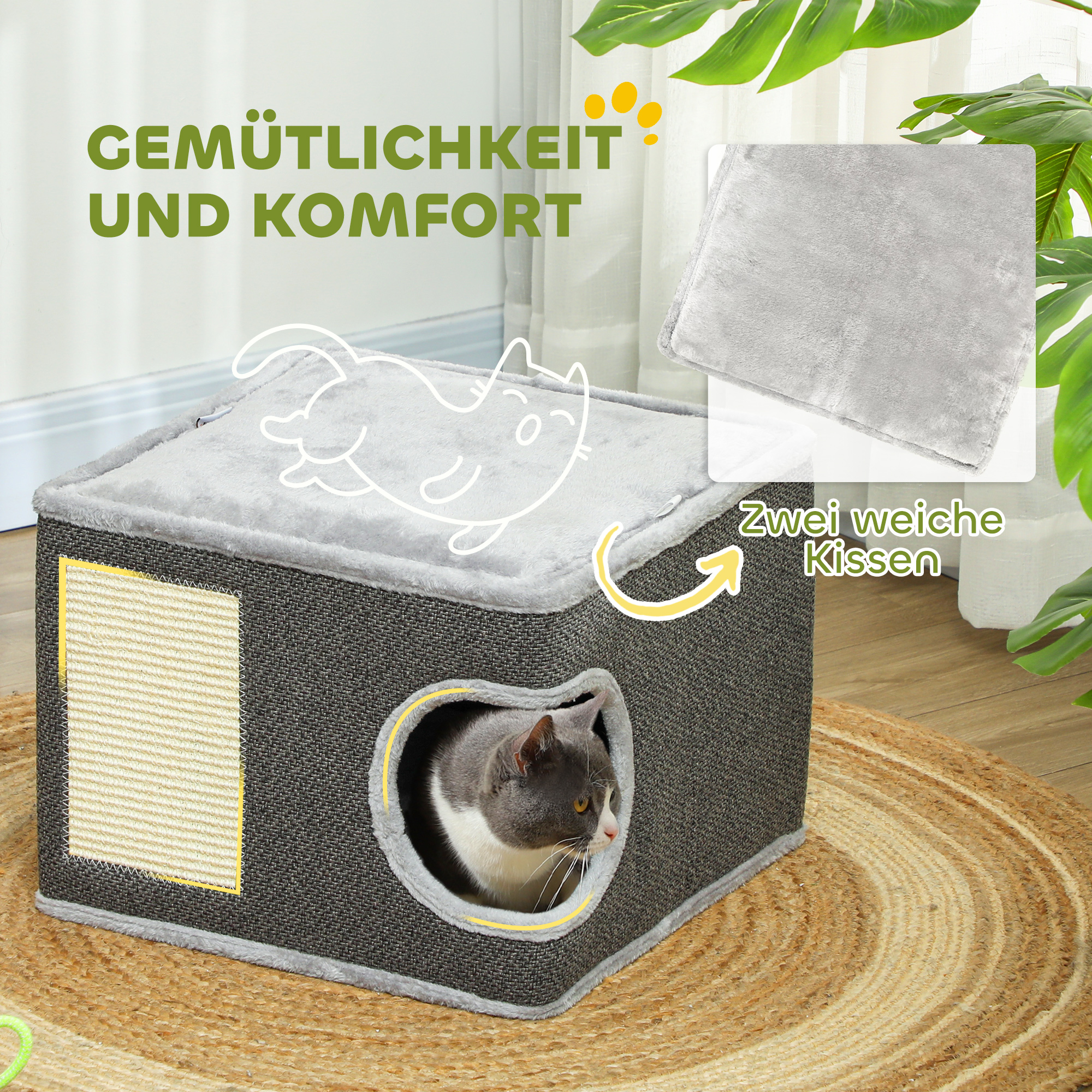 Katzenhaus mit 2 Kissen, Bett, Höhle, Kratzmatte, Spielball, kleiner Kratzbaum, Grau