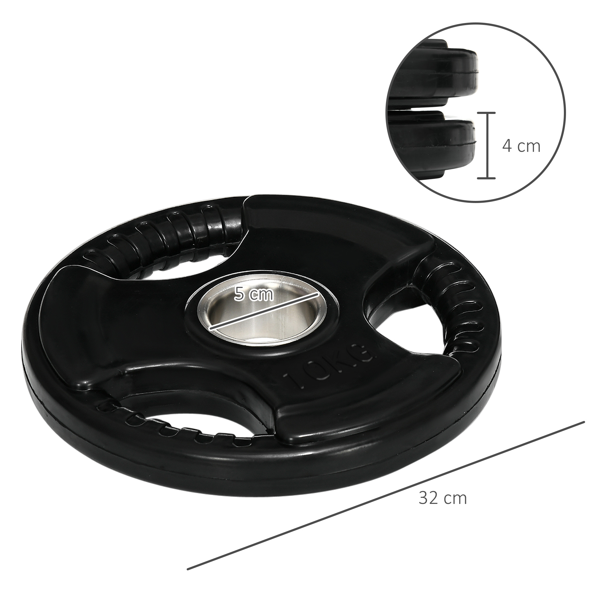 Hantelscheibe, 2er-Set, 10 kg pro Scheibe, drei Griffe, bodenschonender Gummimantel, Metall