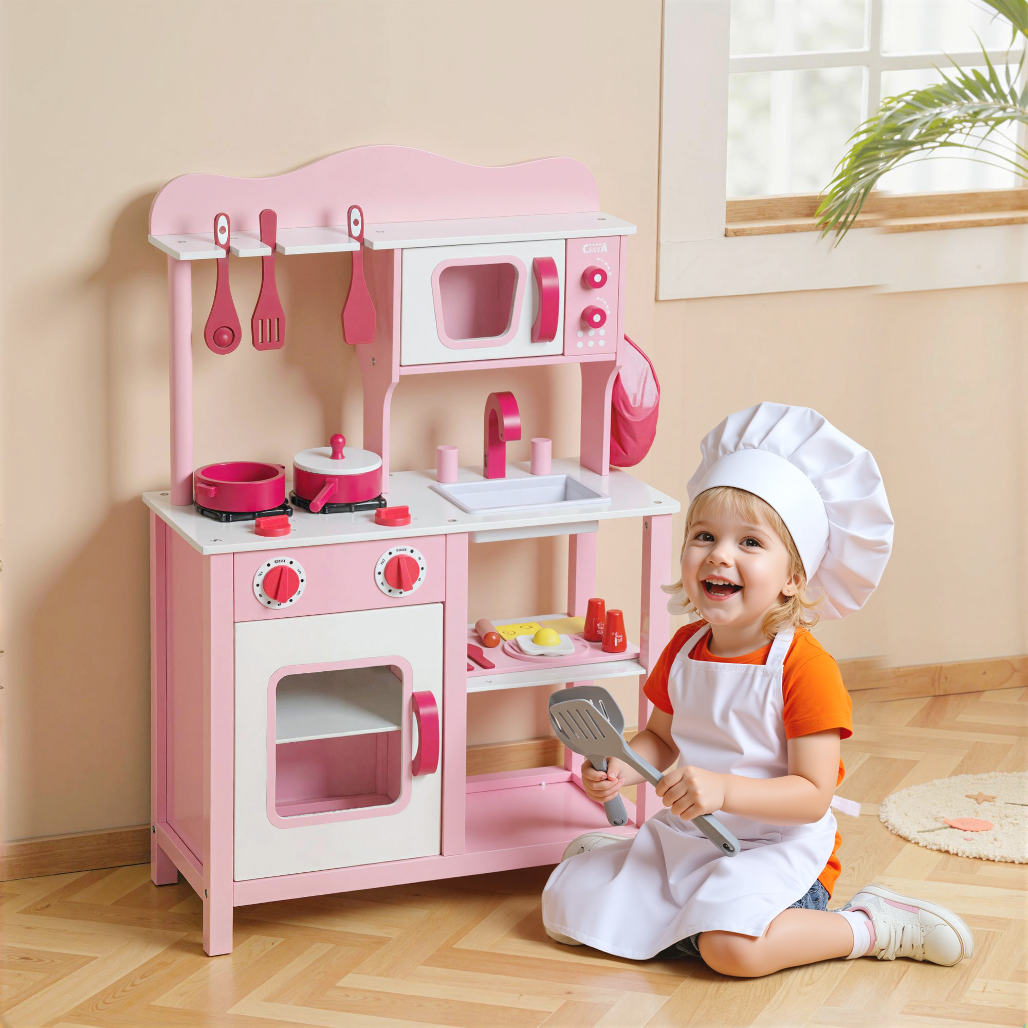 Kinderküche zum Spielen, Zubehör aus Holz, Küchengeräte, kompakt, Geräusche, Rosa