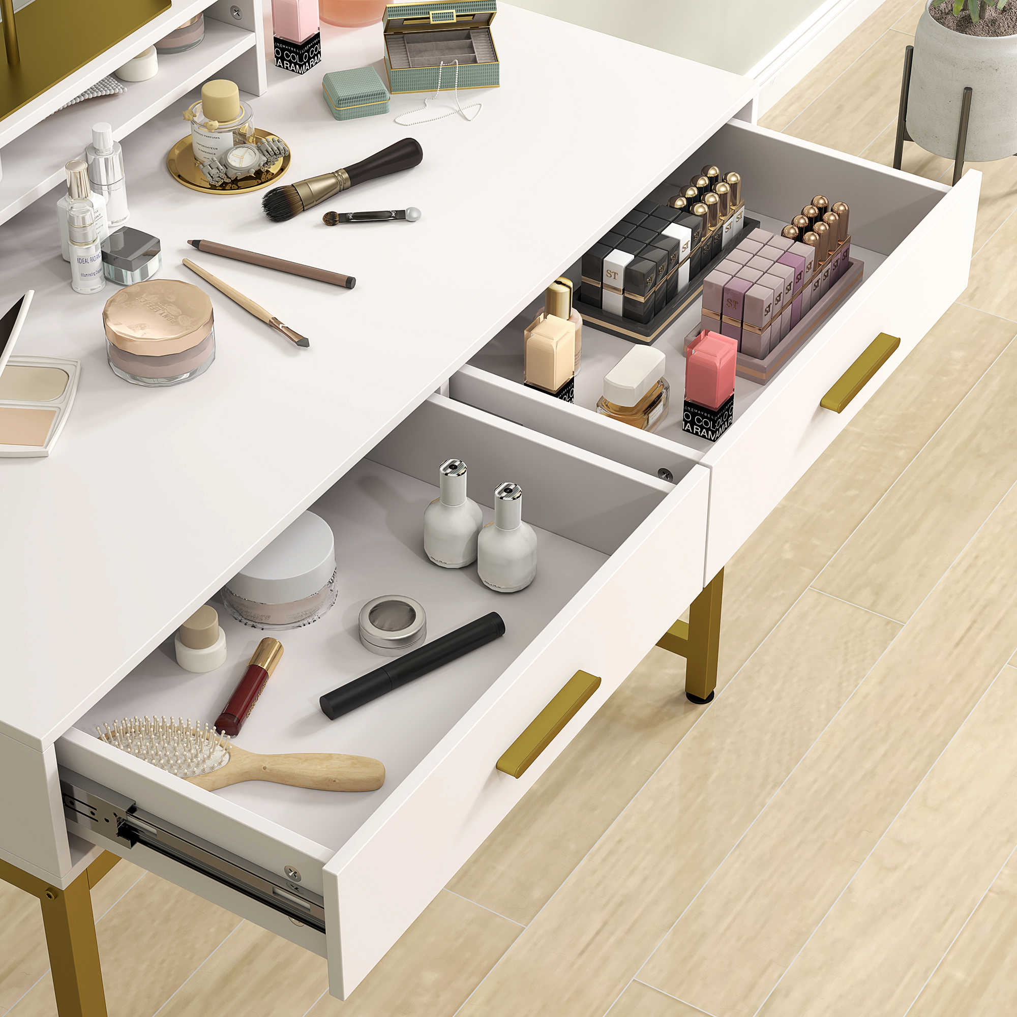 Kosmetiktisch mit 360° Spiegel, LED-Beleuchtung, 2 Schubladen, Weiß/Gold