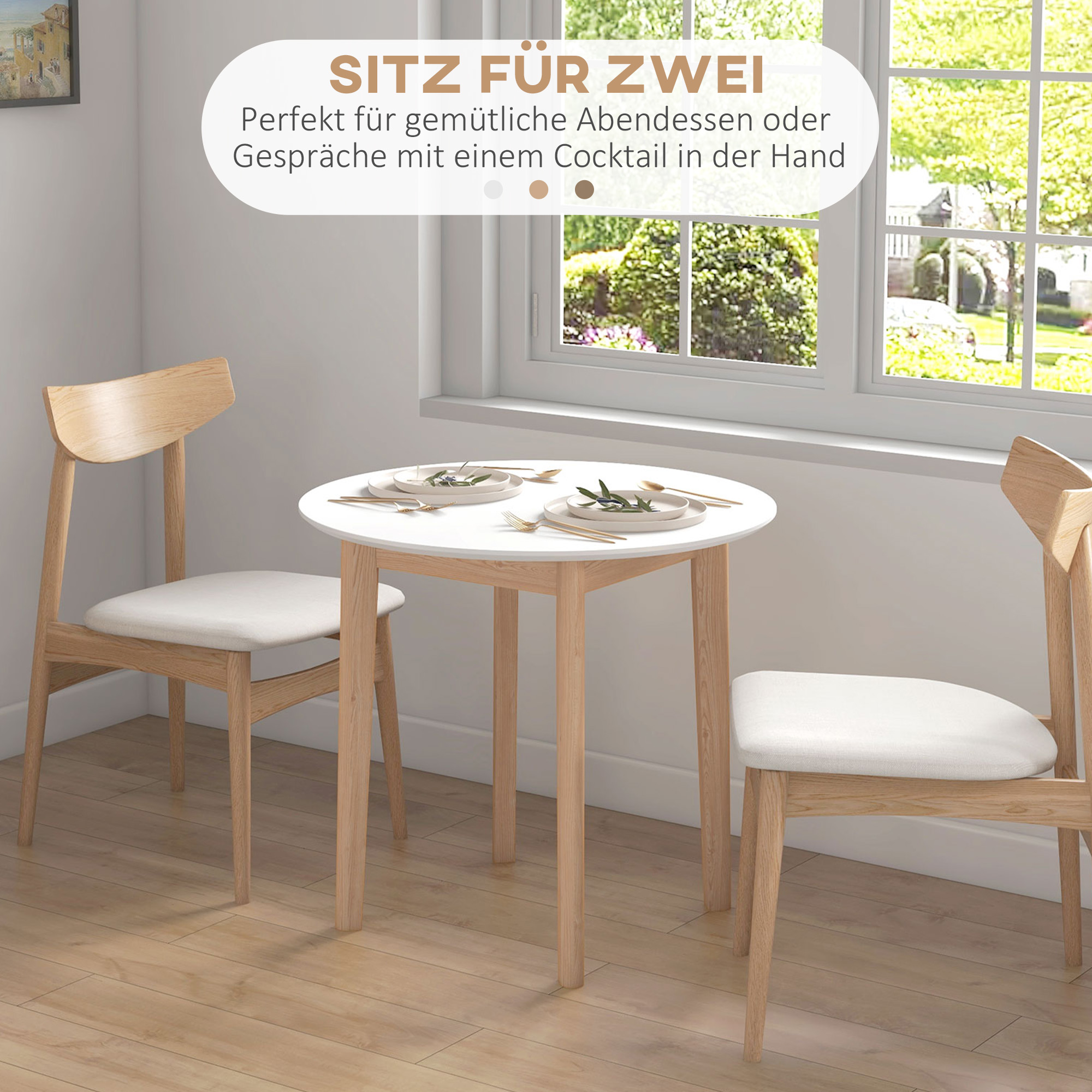 Esstisch Küchentisch Runder Tisch, Skandi-Design, 75 cm x 75 cm x 76 cm, Weiß + Natur