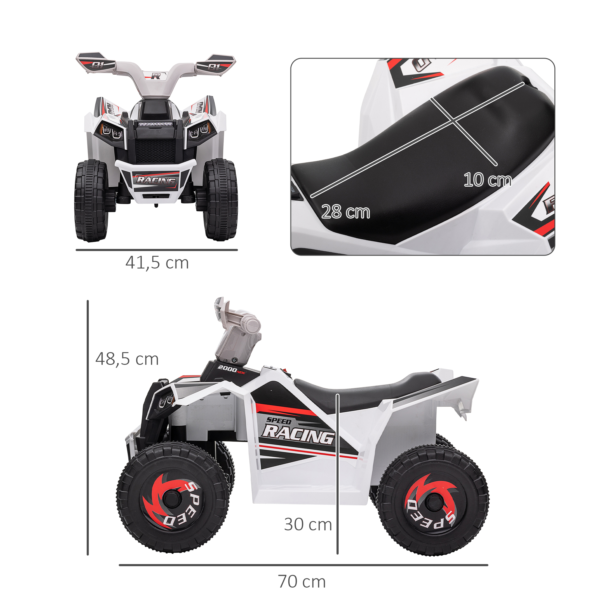 Kinderquad, 2,5 km/h, Vorwärts- & Rückwärtsgang, für 18-36 Monate, Weiß