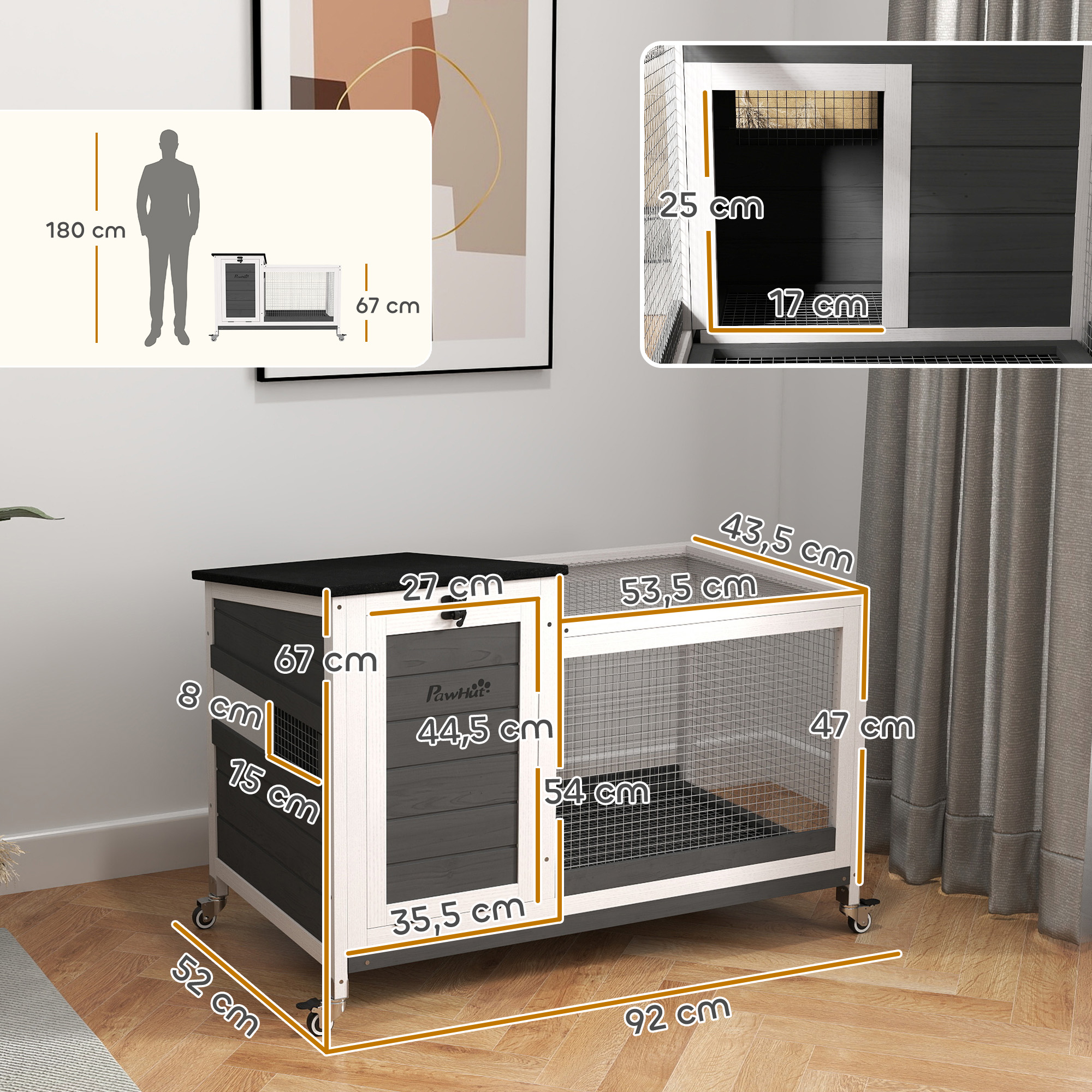 Kaninchenstall aus Holz Hasenstall mit Freilaufgehege Rädern Klappdach für Innen, draußen 92 x 52 x 67 cm Dunkelgrau