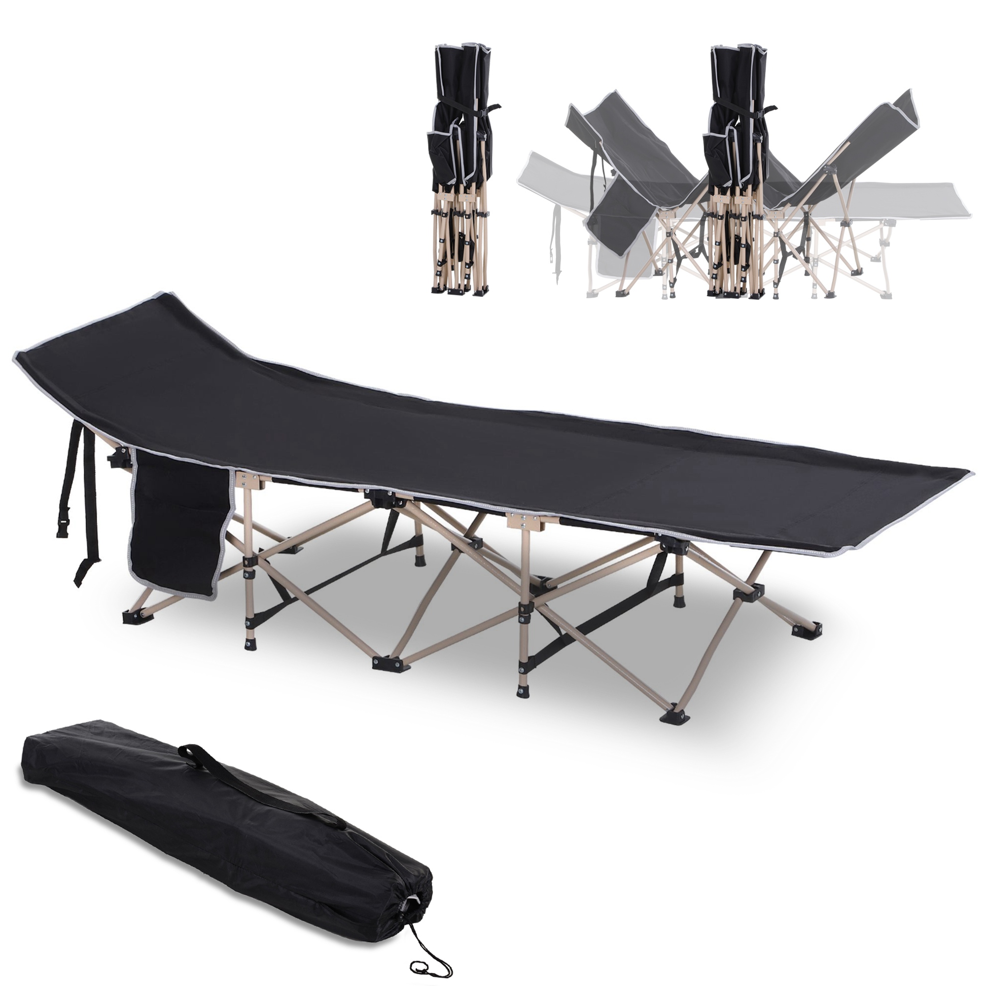 Feldbett, Campingbett, klappbar, wetterbeständig, ink, Tragetasche, 190 x 68 x 52 cm, Schwarz