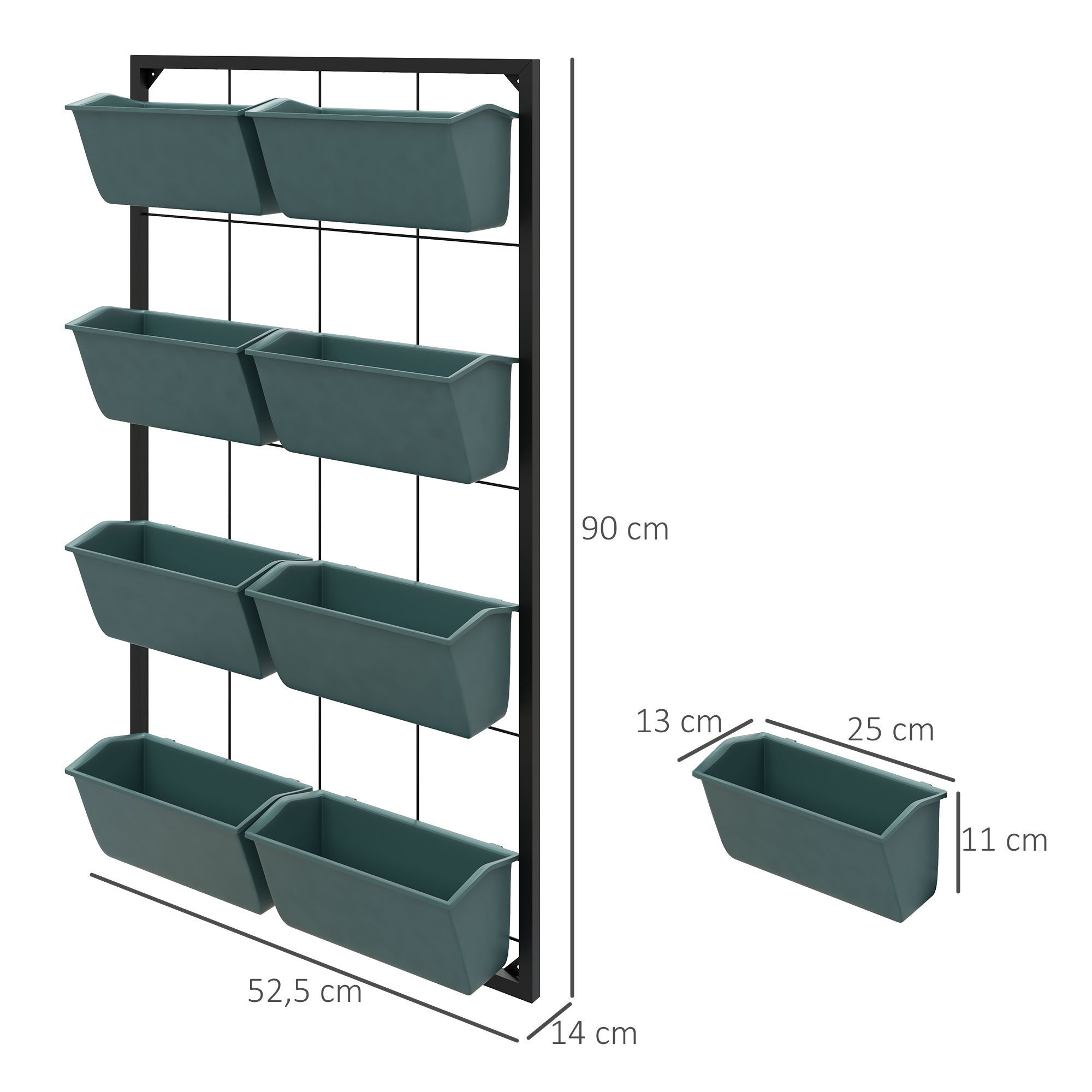 Pflanzentreppe Blumentreppe  8 Pflanzkästen, stapelbar, wetterbeständig, 52,5 x 14 x 90 cm, Grau + Schwarz