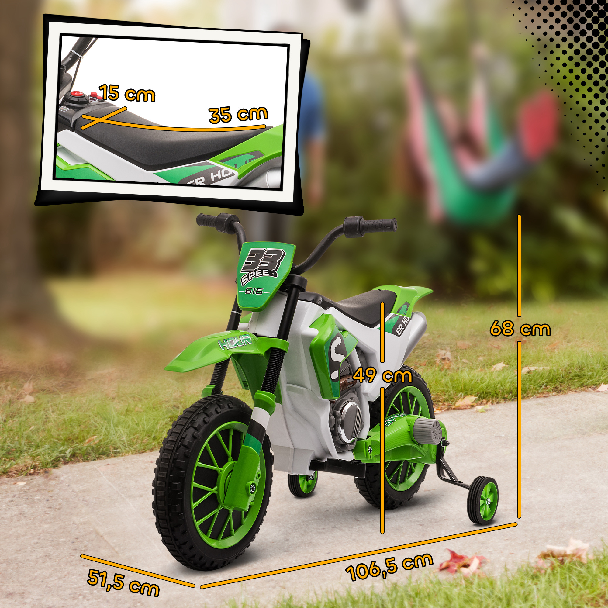 Kindermotorrad, Elektromotorrad, 45 Min Fahrzeit, mit Stützrädern, ab 3 Jahren, grün+weiß, 106,5 x 51,5 x 68cm